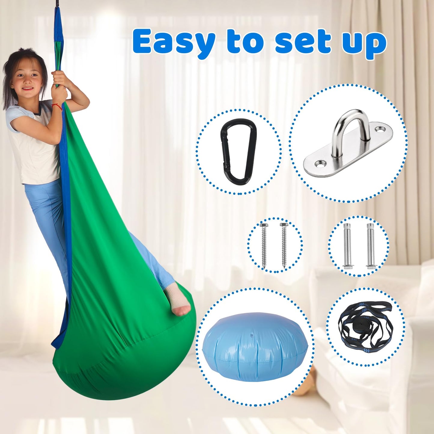 HiCamer Sensory Swing for Kids Indoor and Outdoor Pod hammock Chair Seat Upgrade Max 300 lbs Hanging Swing with Inflatable Cushion Includes Hardware Hanger Kit for Aspergers Autism ADHD (Green)