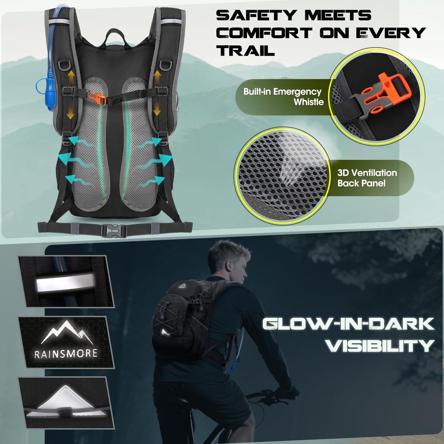 Hydration Backpack with 2L Water Bladder, Lightweight Water Backpack for Women&Men Small Insulated Hiking Backpacks with Rain Cover 18L Hydration Pack for Hiking, Running, Cycling, Biking,Black