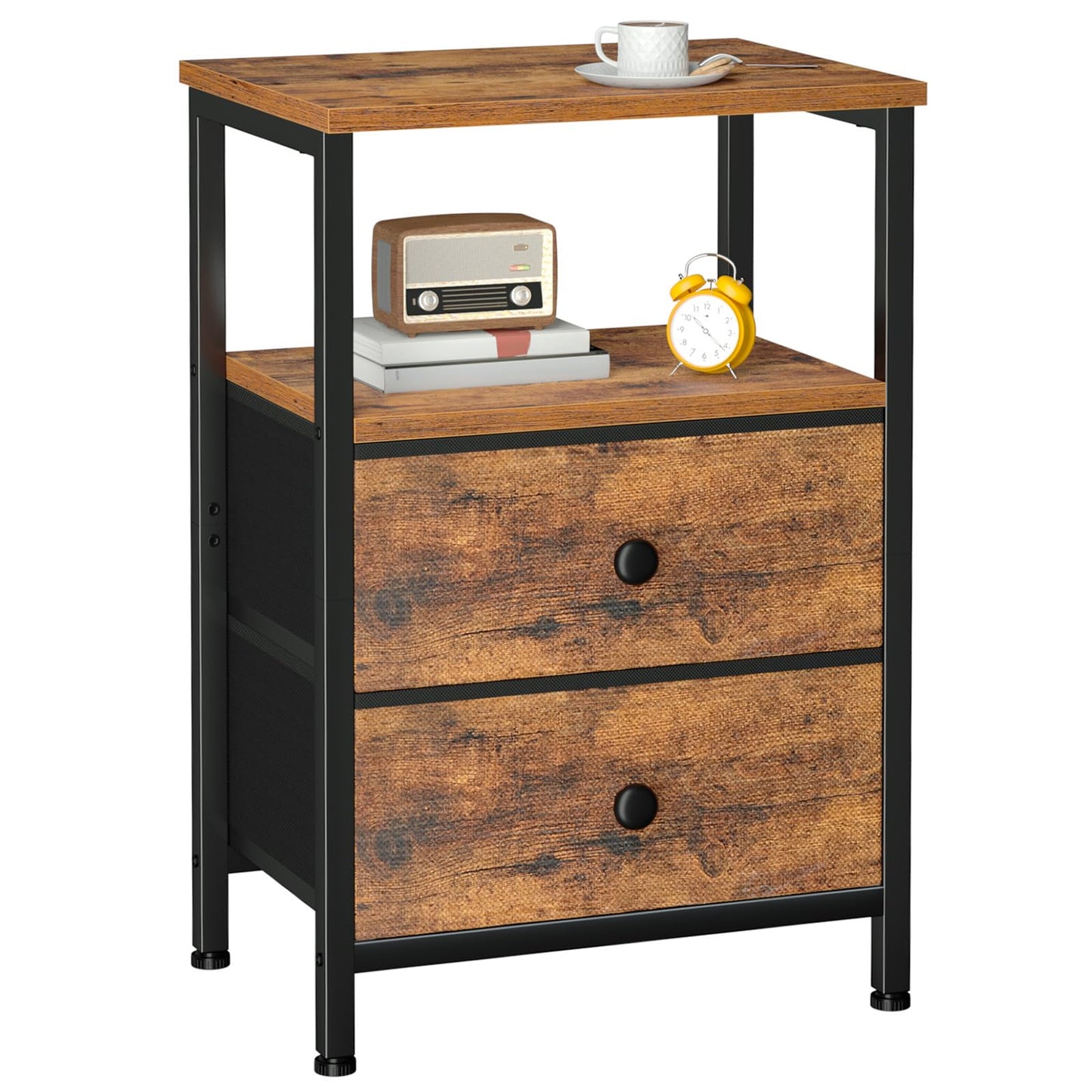 LOAKEKEL Night Stand, Bed Side Table with 2 Fabric Drawer for Living Room, Nightstand with Large Storage Space, End Table with Shelf for Bedroom, Brown, HETS002BR-1