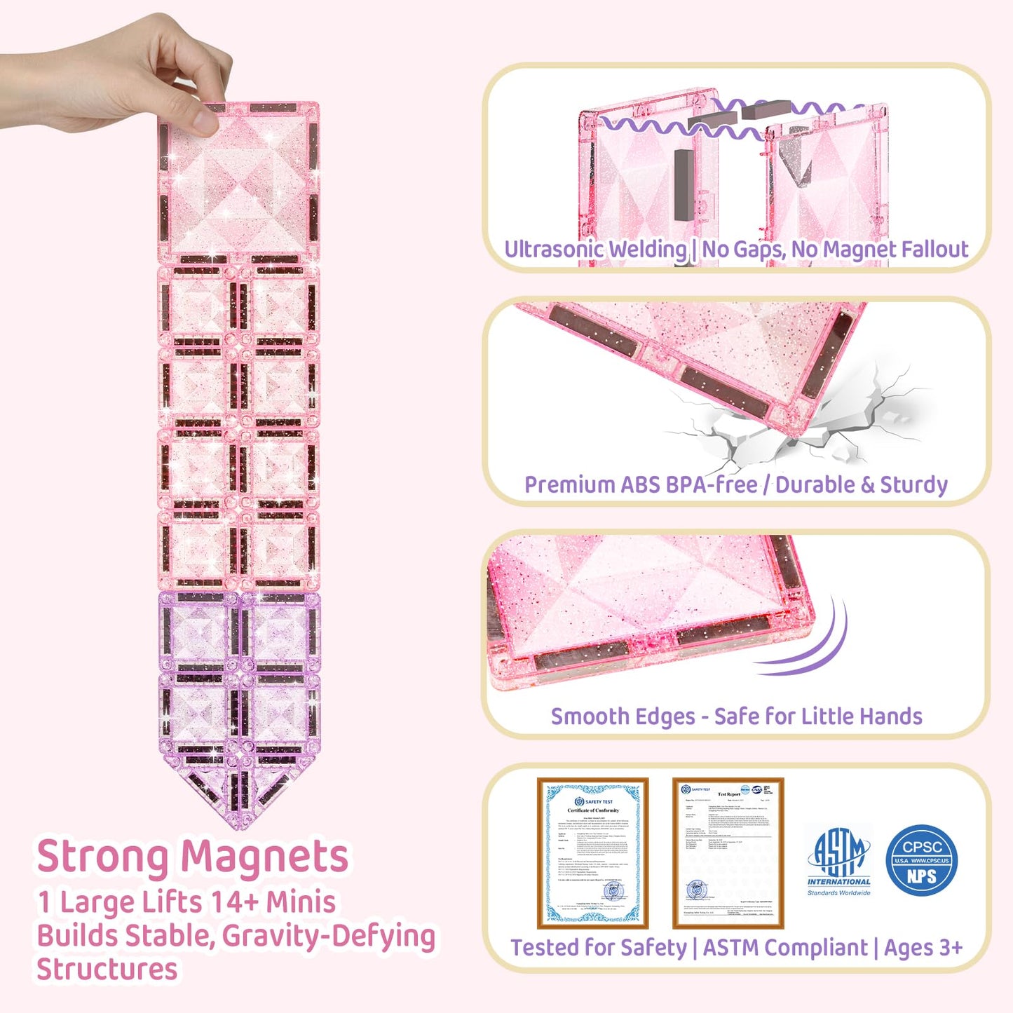 burgkidz Princess Magnetic Tiles for Girls Ages 3-8 – 42PCS Sparkling Pink & Purple Glitter Tiles with Storage Tin, Dual Size Standard Compatible STEM Toys, Travel Friendly Birthday Gift