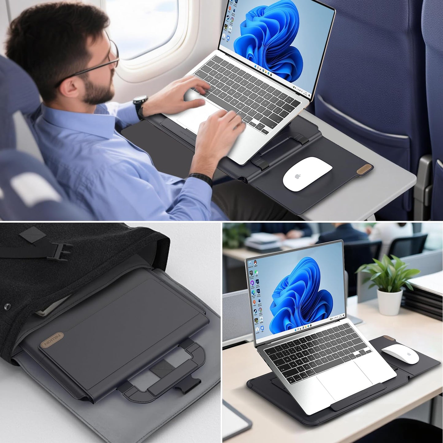 Nillkin Upgraded 13-16 Inch Laptop Sleeve Case for MacBook/Dell/HP/Lenovo/Asus, Unique Slim Travel Computer Bag with Adjustable Stand & Mouse Pad, Magnetic Handle, PU Leather, Black