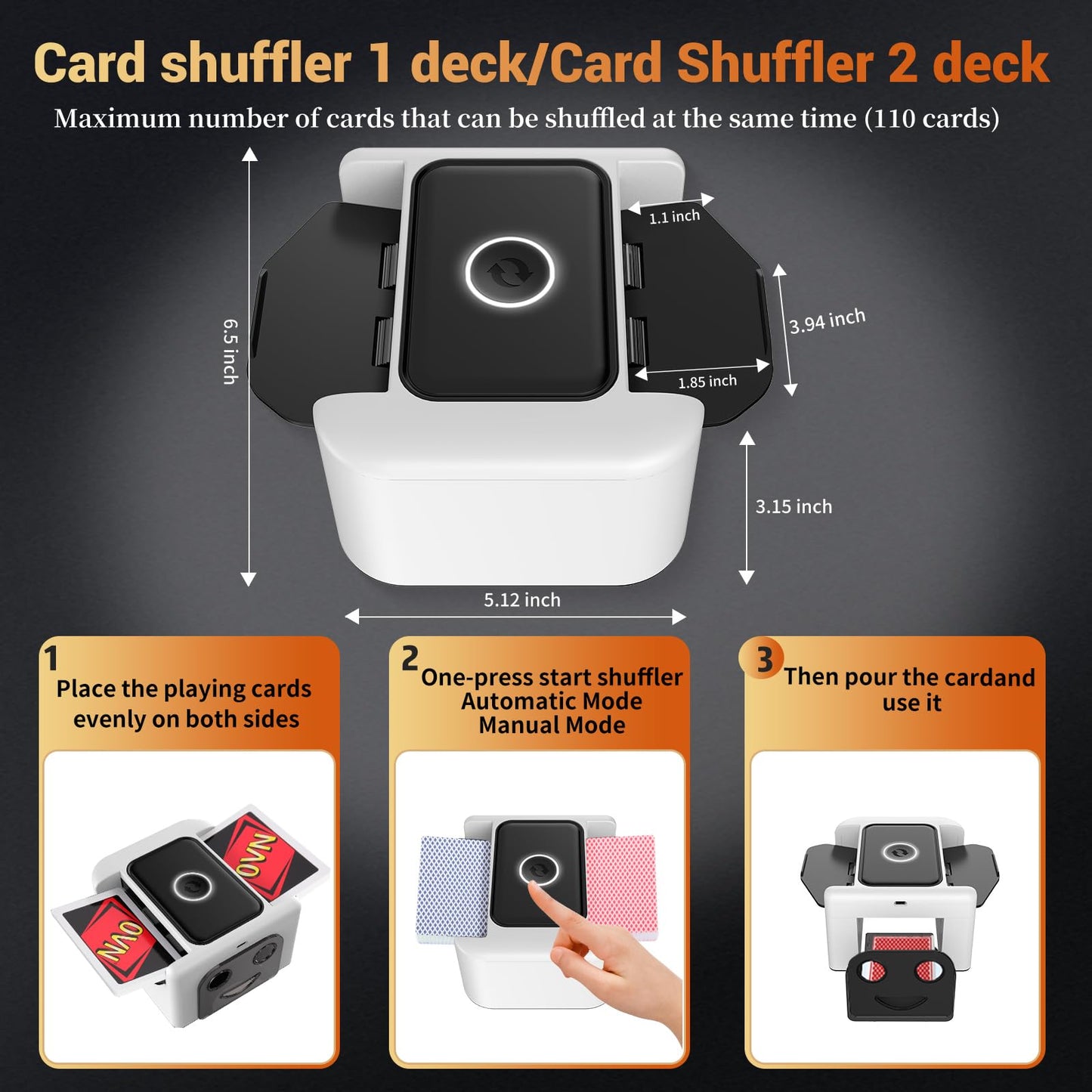 M5 Automatic Card Shuffler Rechargeable 1-2 Deck for UNO Poker Blackjack Skip-Bo etc Card, Low Noise Fast Shuffle, One-Press Auto Electric Shuffling Machine, 2000 mAh USB Charge Card Shuffler (White)