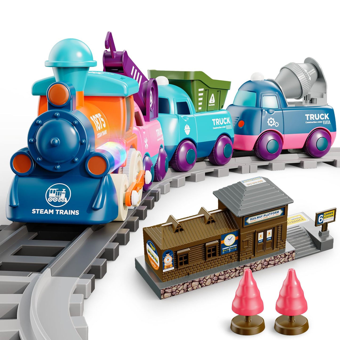Train Set for Toddlers, Magnetic Train Toys for Toddlers 3+ Electric Train Set with Train Tracks Accessories Battery Operated, 4pcs Trucks Toy Train for Boys and Girls