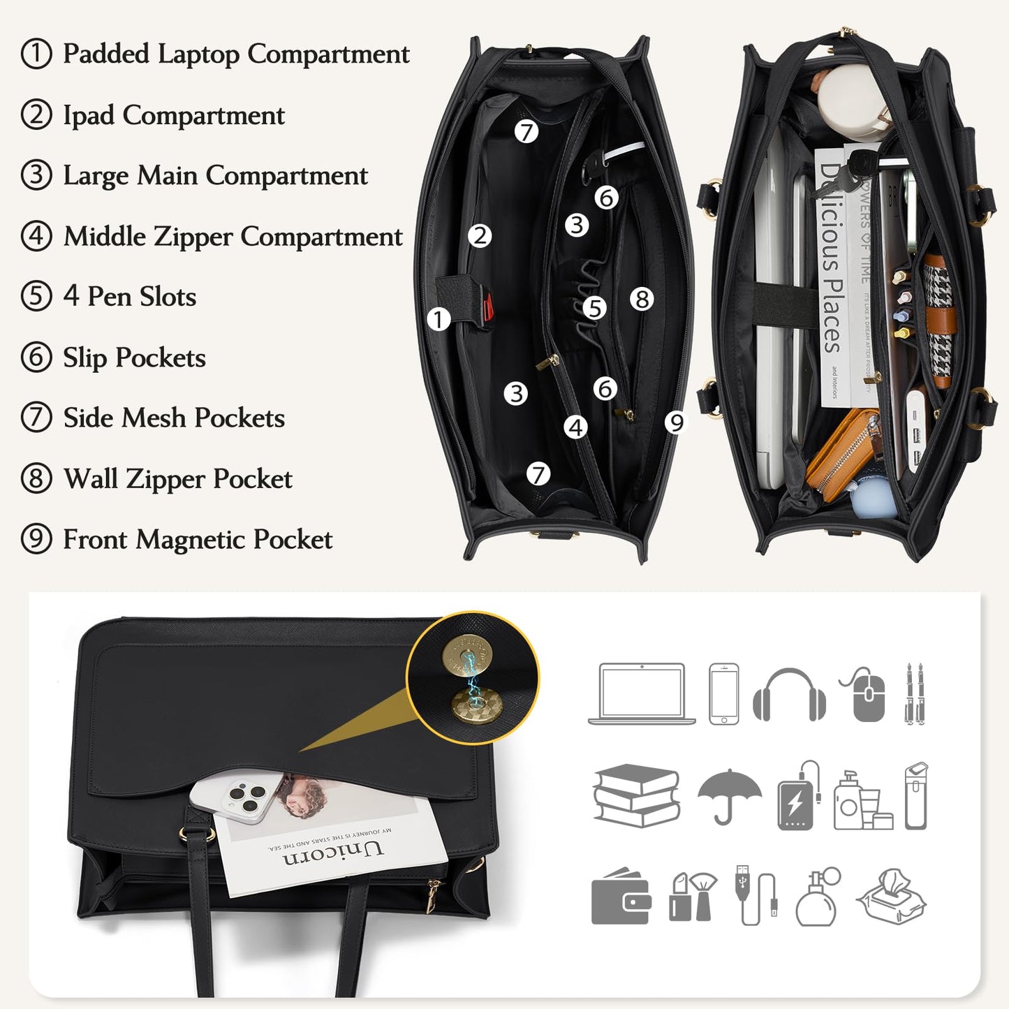 RAINSMORE Laptop Bags for Women 15.6 Inch Work Tote Bags Leather Laptop Tote Waterproof Computer Bags Professional Office Business Briefcase Large Handbag for Travel College Teacher, Black