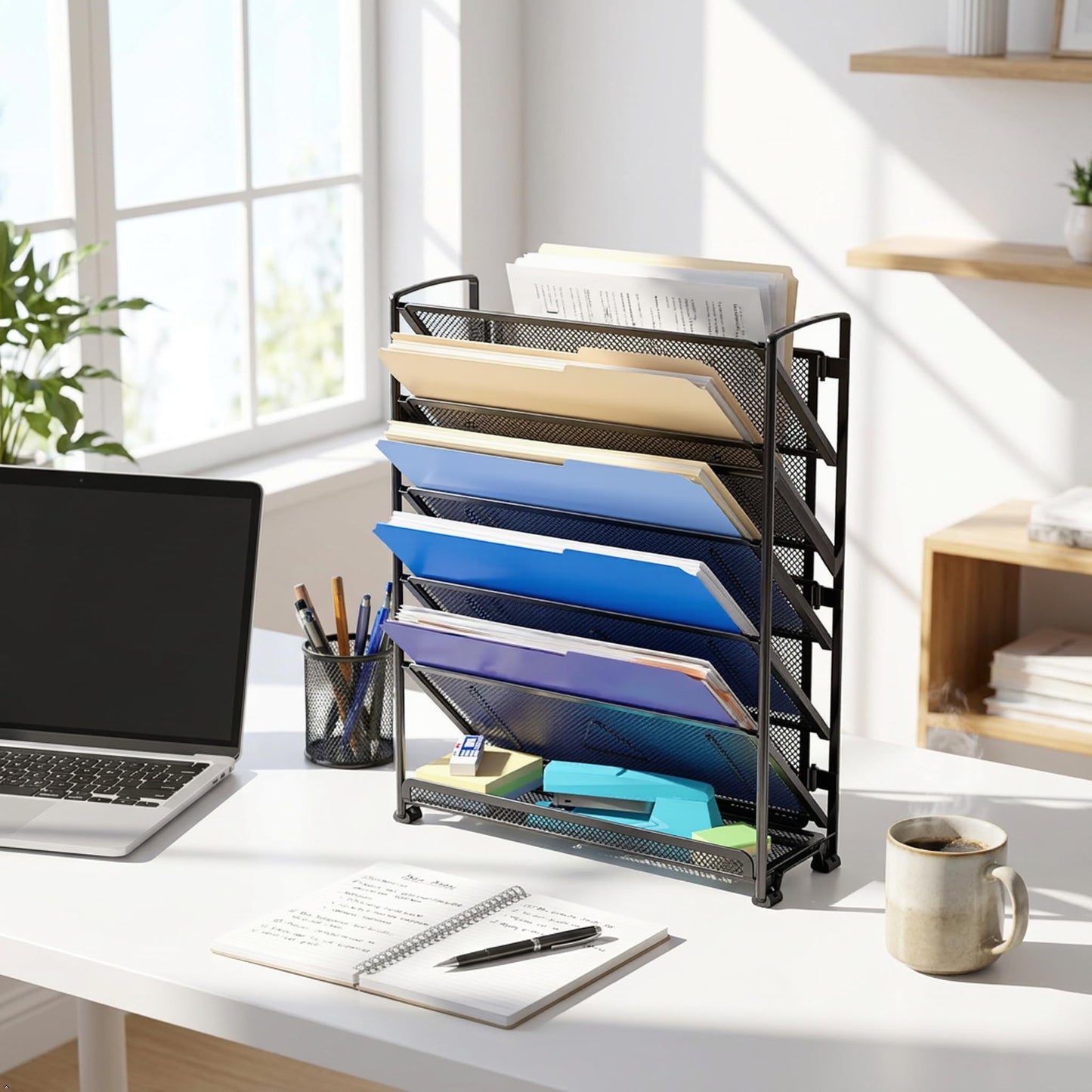 Simple Houseware 6-Tier Mesh Wall Mount File Organizer & Desktop Paper Holder - 5 Tilted Trays + 1 Flat Bottom Tray, Wall Mount Hardware Included, Black