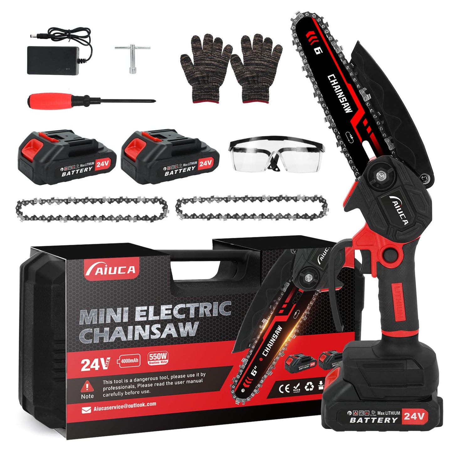 6-Inch Mini Chainsaw, Cordless Handheld Electric Chainsaw with 2X 24V 4000mAh Batteries & 2 Chains, Lightweight & Portable, for Tree Trimming, Wood Cutting, Gardening, Outdoor & Household Use