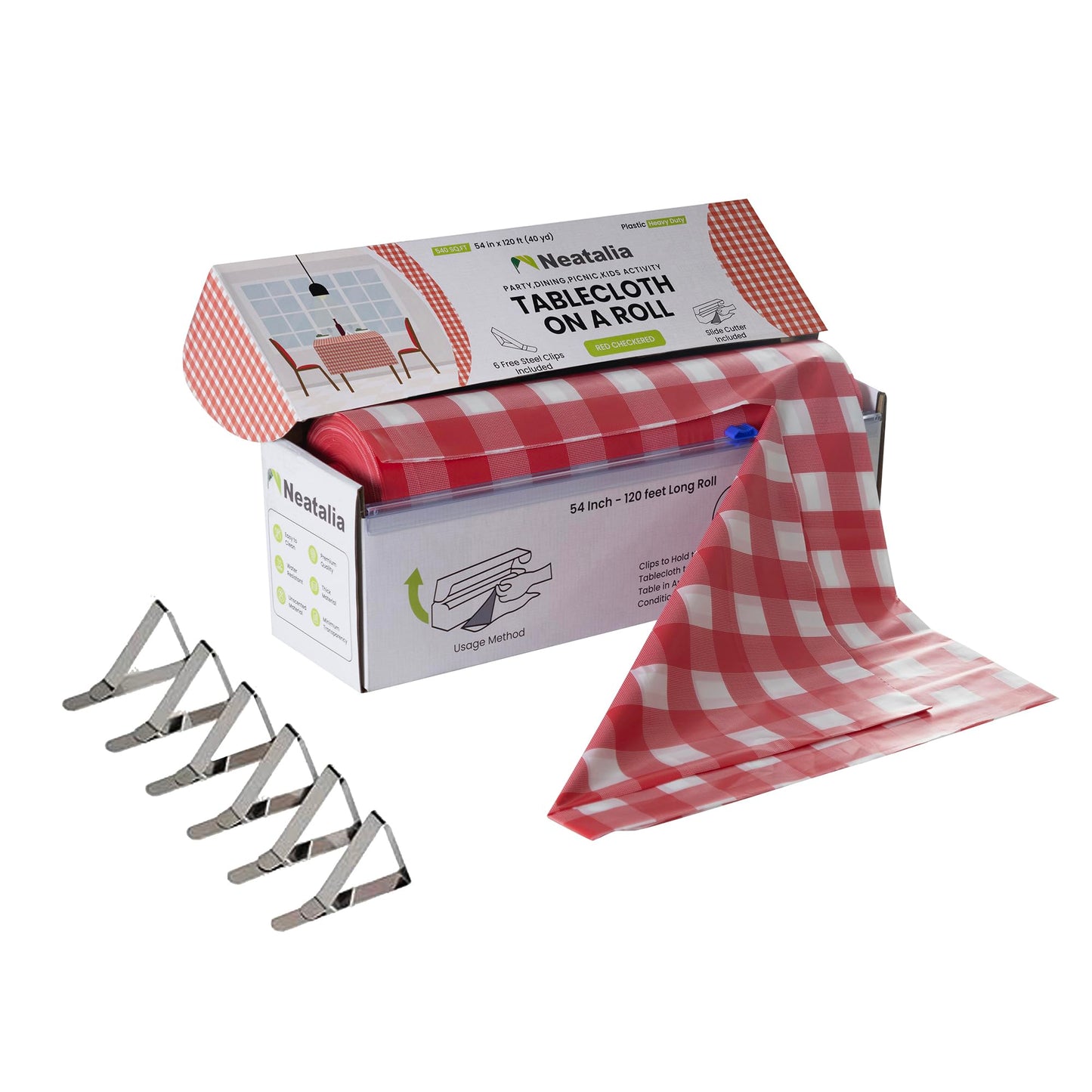 Neatalia Red Checkered Plastic Table Cover Roll - 54 in X 120 Ft - Disposable Red Checkered Table Cloth Roll with Cutter Box Great for Parties and Banquets Disposable Tablecloth Rolls | 6 Cover Clips
