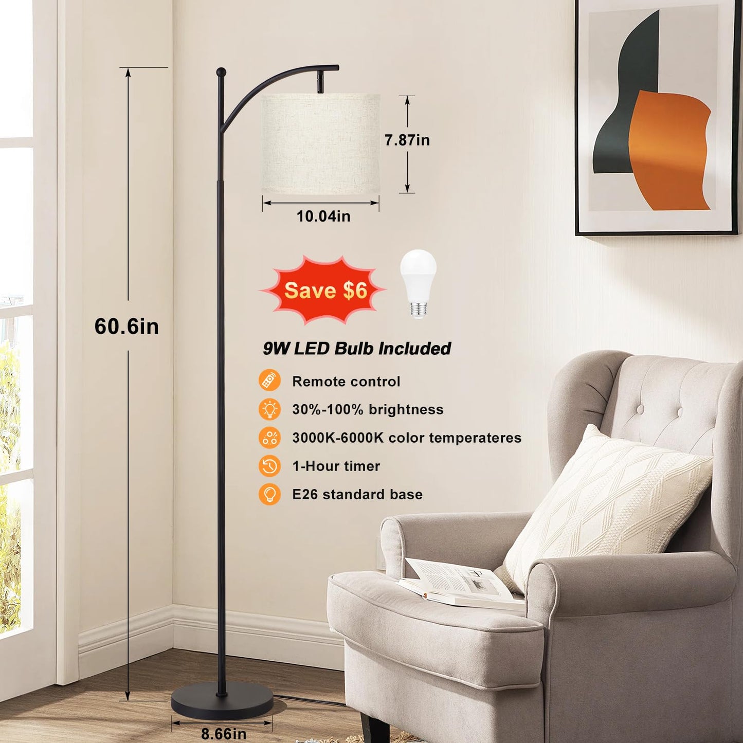 Ambimall Floor Lamp with Remote Control and Stepless Dimmable Bulb, Colors Temperature & Brightness Adjustable, Modern Floor Lamps for Living Room（Beige Shade & Black Pole）