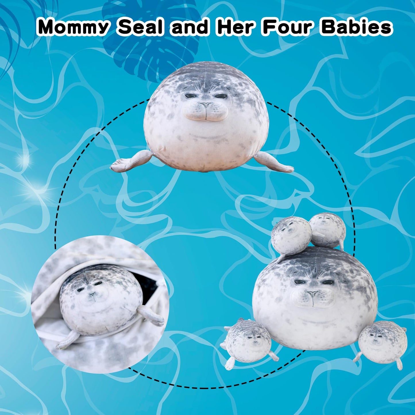 SQEQE Chubby Seal Pillow Plush with 4 Baby Seal Plushies in Her Tummy, Stuffed Cotton Plush Animal Toy Gift for Kids