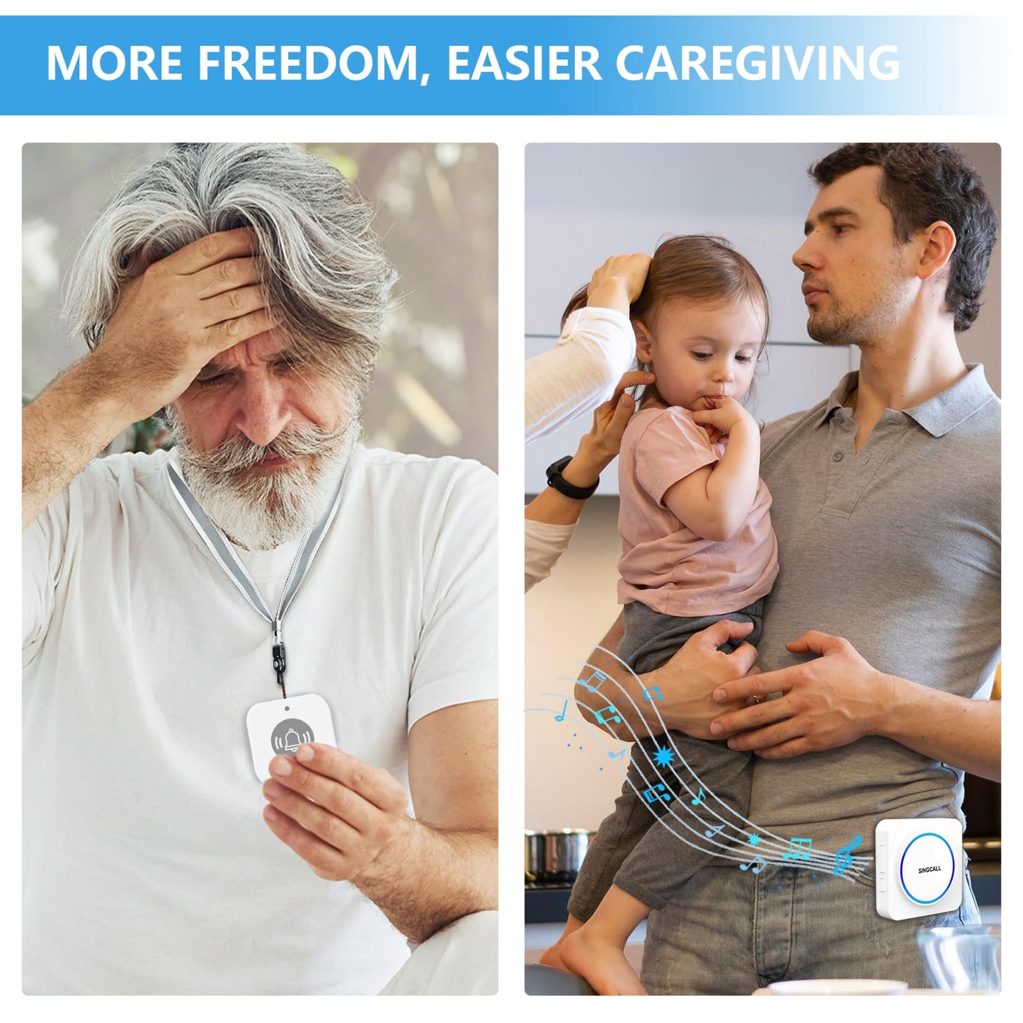 SINGCALL Wireless Portable Caregiver Pager Panic Alarm System Personal Alarm for Elderly/Kids/Pregnant/Patients 32 Chimes & 0-100dB Volume 1 Rechargeable Portable Receiver+ 2 Emergency Call Buttons