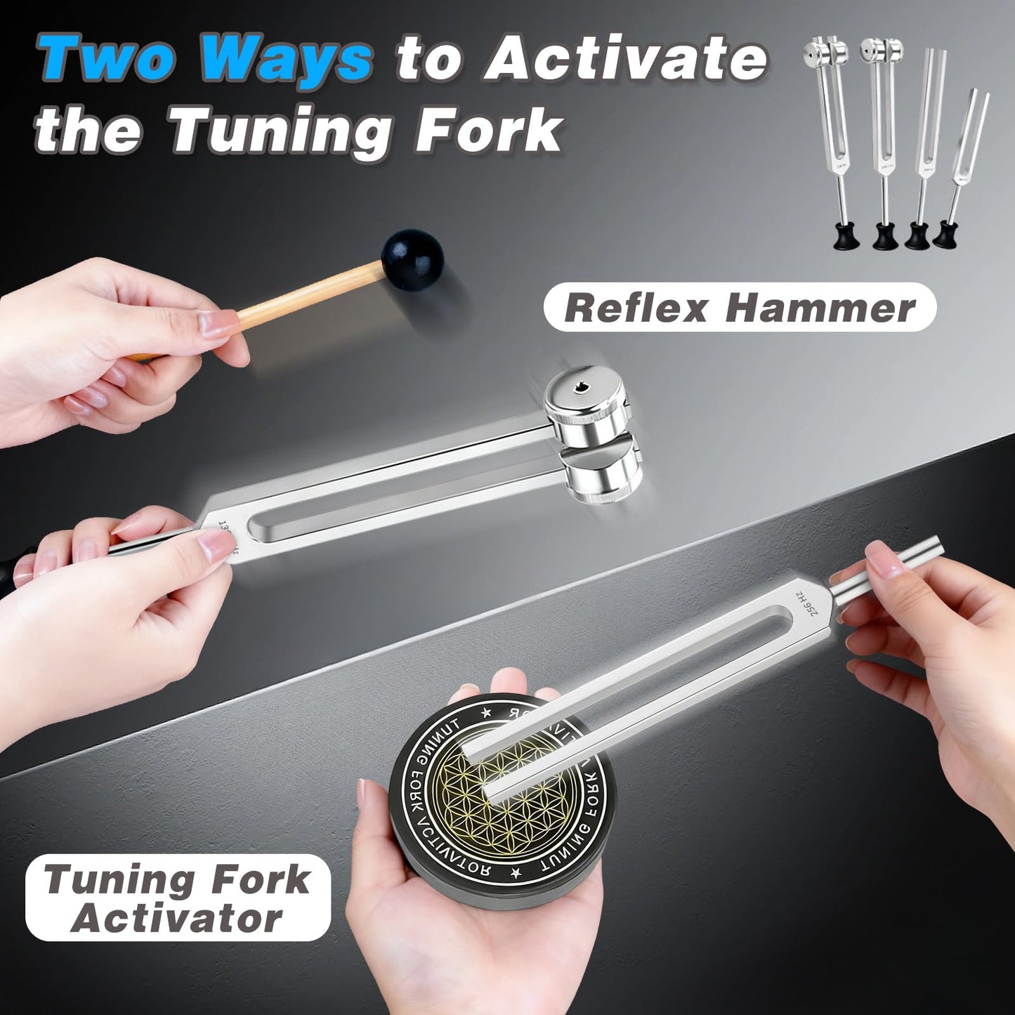 Tuning Forks Set - 128Hz, 136Hz, 256Hz, 384Hz, Chakra & Body Tuning Forks Kit with Activator and Pouch, for Meditation, Relaxation & Energy Balance