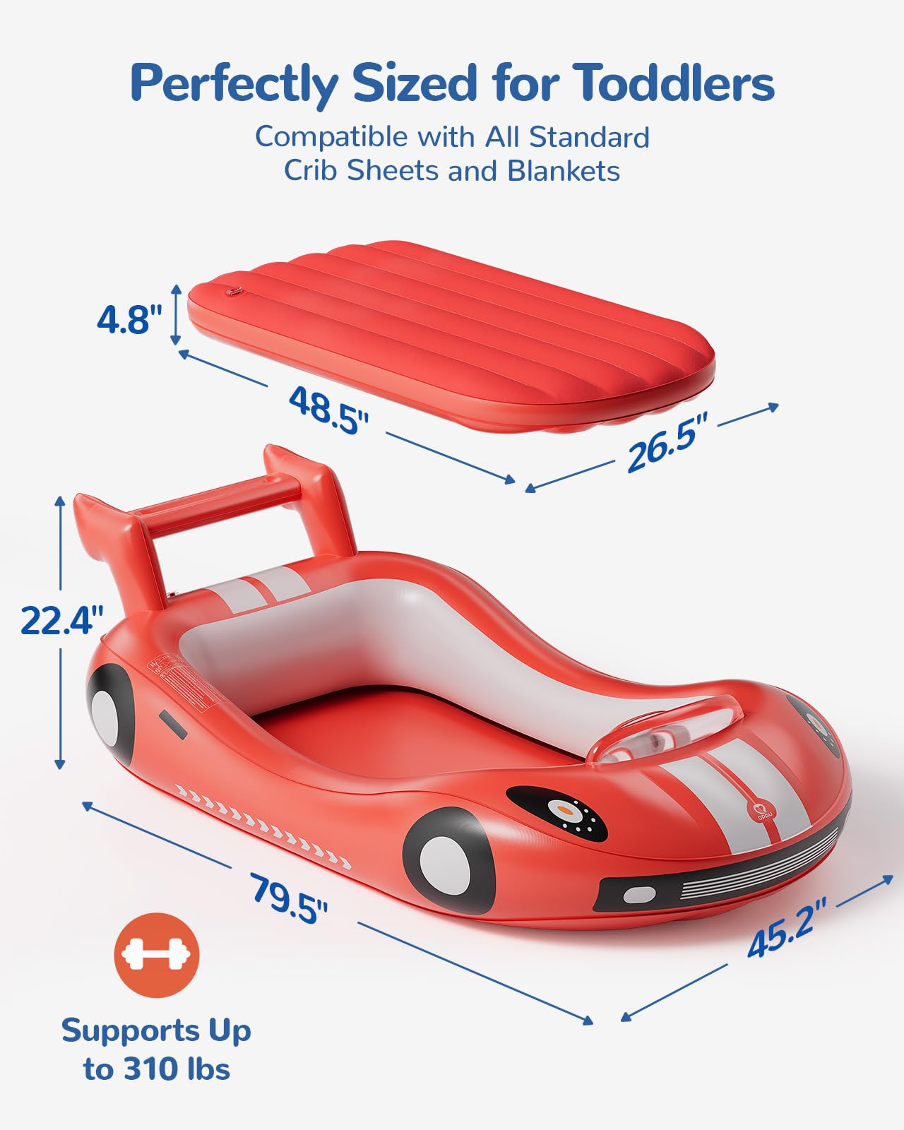 QPAU Inflatable Toddler Travel Bed, Kids Air Mattress with Safety Bed Rail, Portable Blow Up Mattress with Hand Pump for Camping, Traveling, Vacation, Hotel, or Home Use (Red)
