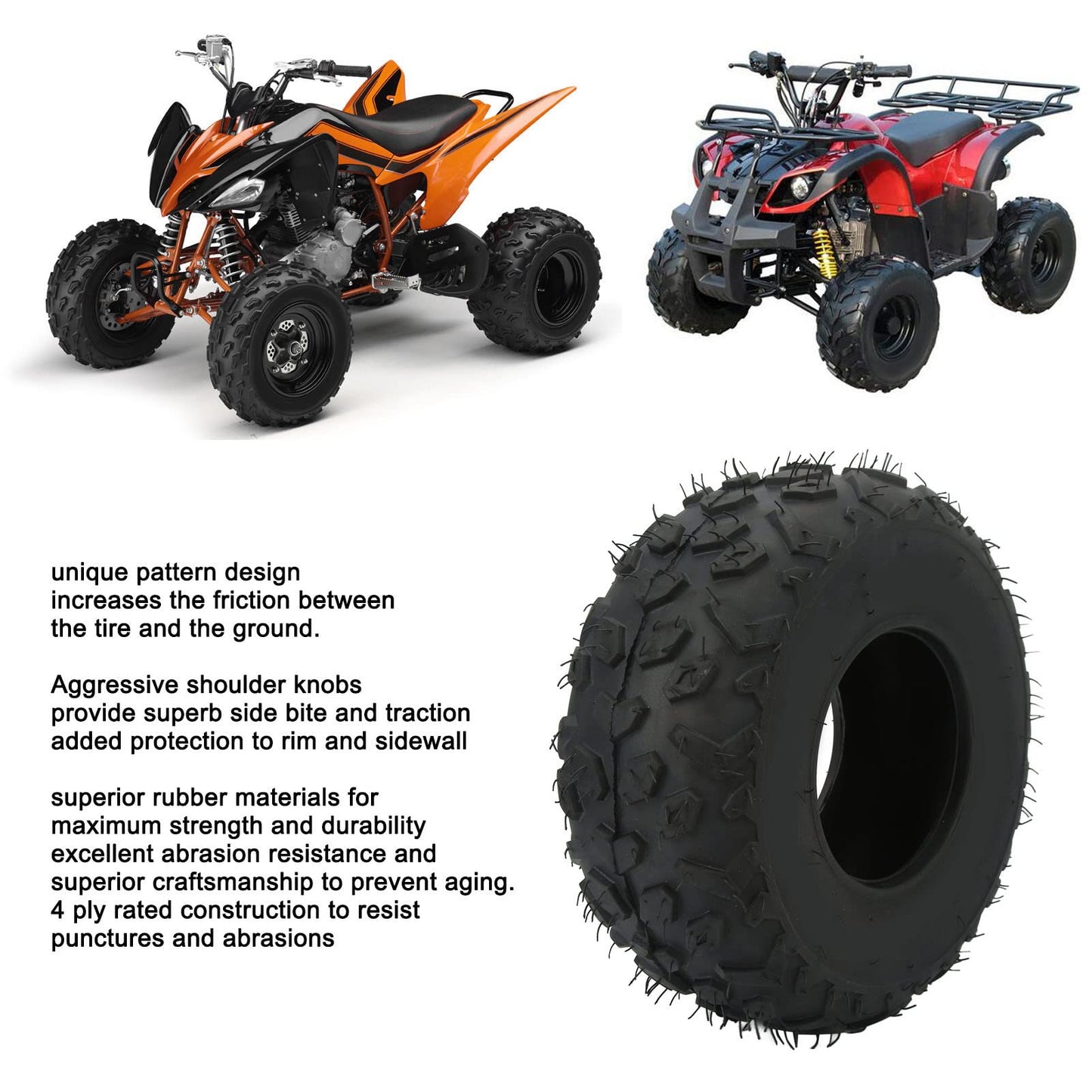 145/70-6 Tire Knobby Tread Rubber 4 Ply Rating Front Rear Abrasion Resistant ATV Tubeless Tire 24 PSI for Quad Go Karts