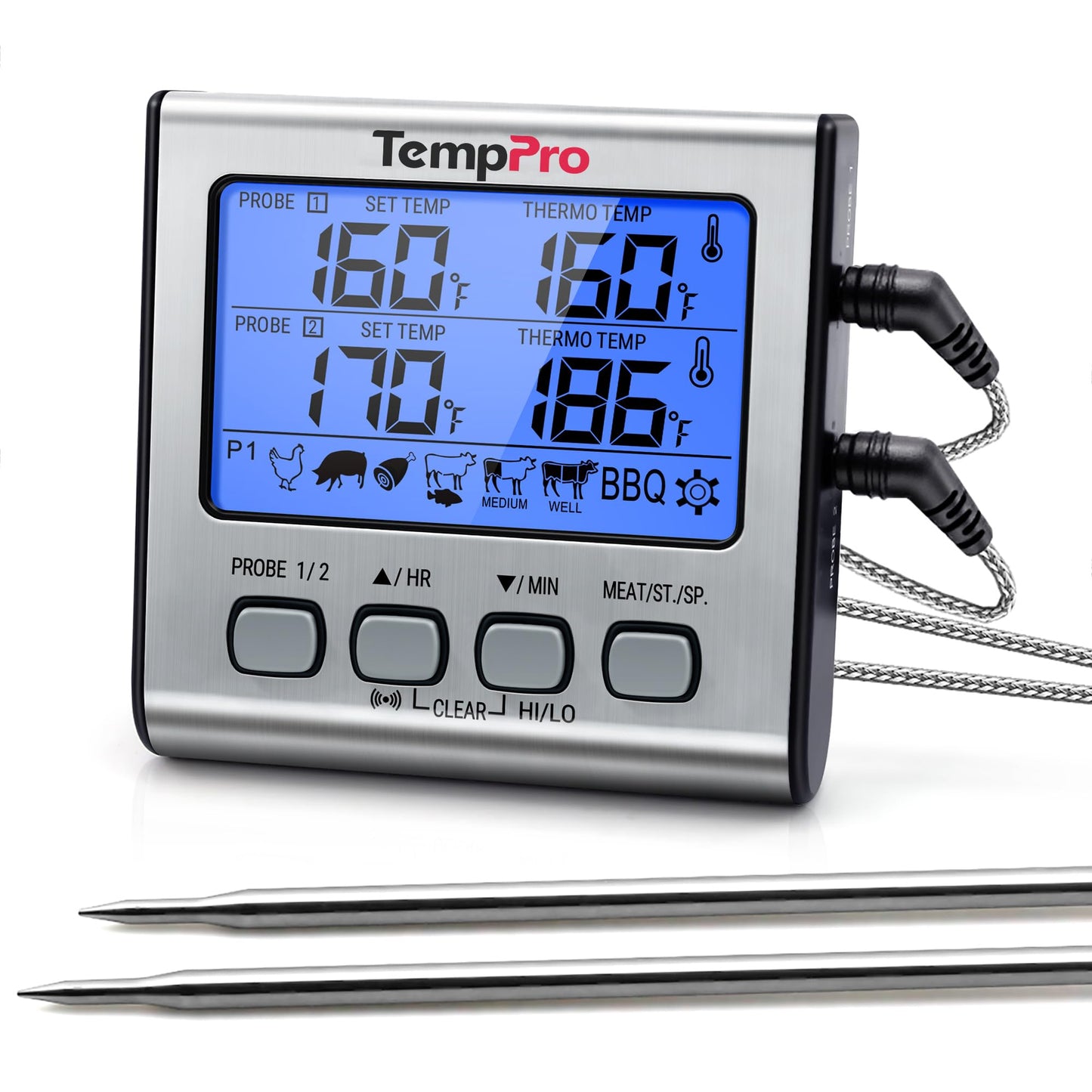 ThermoPro TP17 Digital Meat Thermometer with Dual Temperature Probe Large Backlight LCD Food Thermometer with Timer for Kitchen Oven BBQ Cooking Thermometer