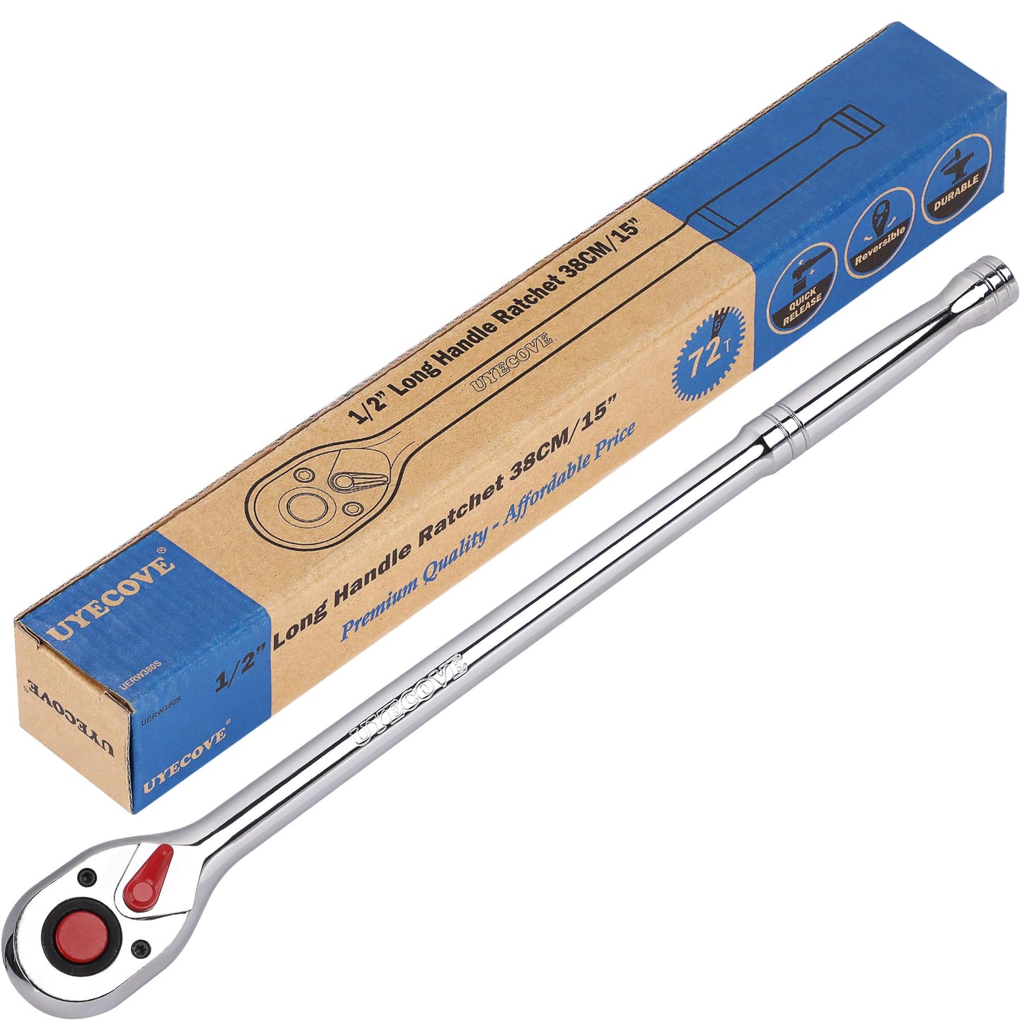 UYECOVE 1/2 Inch Drive Ratchet Wrench, 1/2 Ratchet Wrench Long Handle, Socket Wrench, 72-Tooth Quick-Release Reversible Cr-Mo Head, Chrome Steel Made - 15''38cm