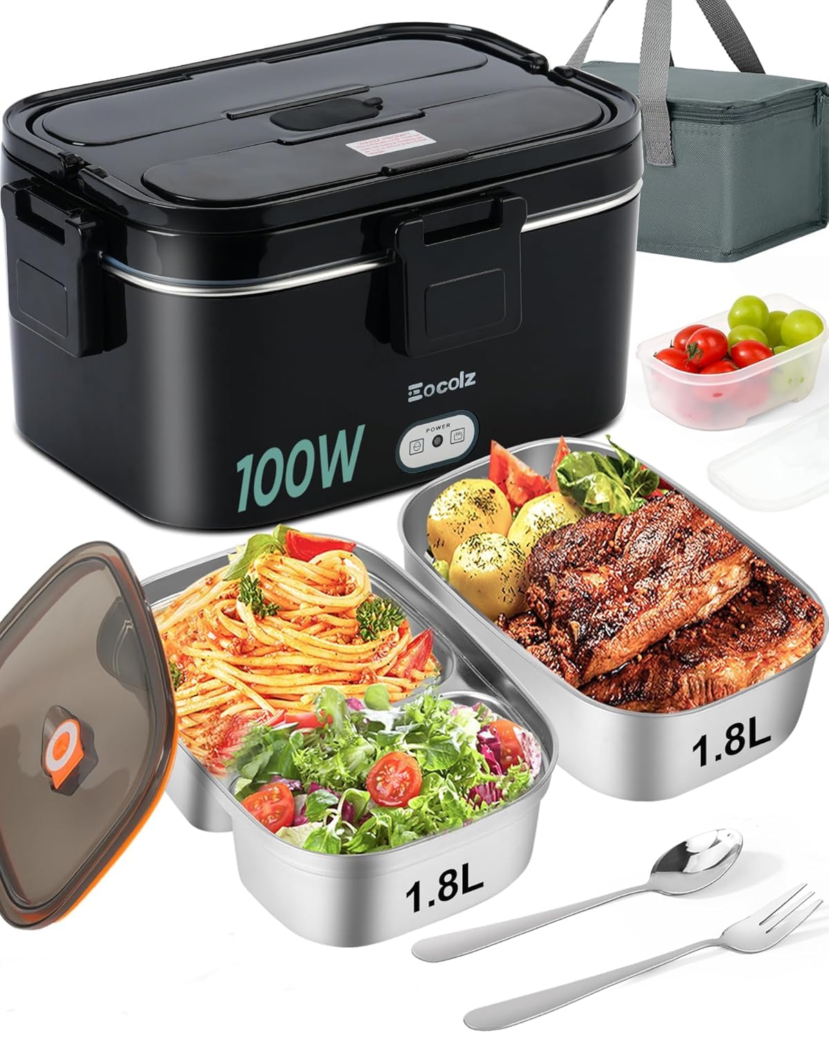 Electric Lunch Box Food Heater - 100W Fast Heating Lunch Box 12V/24V/110-230V Warming Lunchbox, Dual 1.8L Containers, Portable Food Warmer for Car/Truck/Travel, with Spork & Carry Bag (Black)