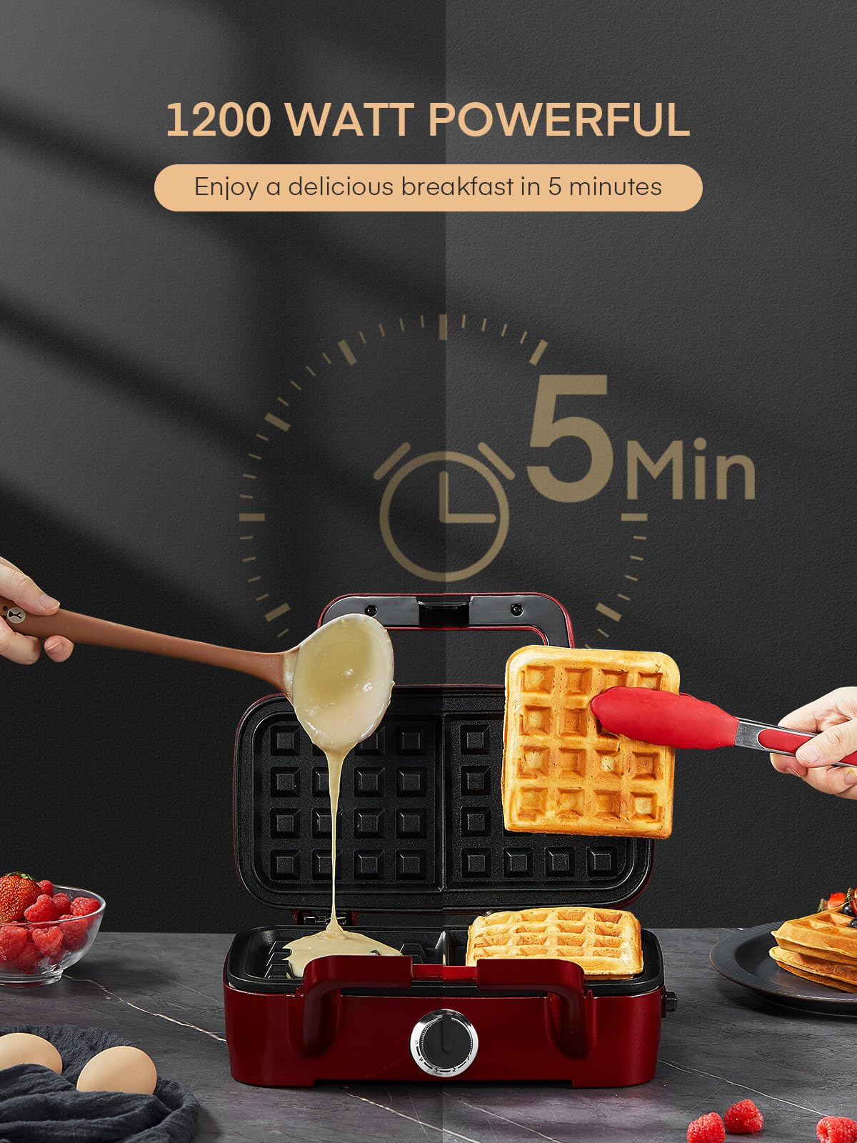 FOHERE 3-in-1 Waffle Maker, Sandwich Maker, Panini Press with Removable Plates, 5-Gear Temperature, LED Indicator Lights, Portable Handle, 1200W Belgian Electric Grill Cheese Machine (Red)