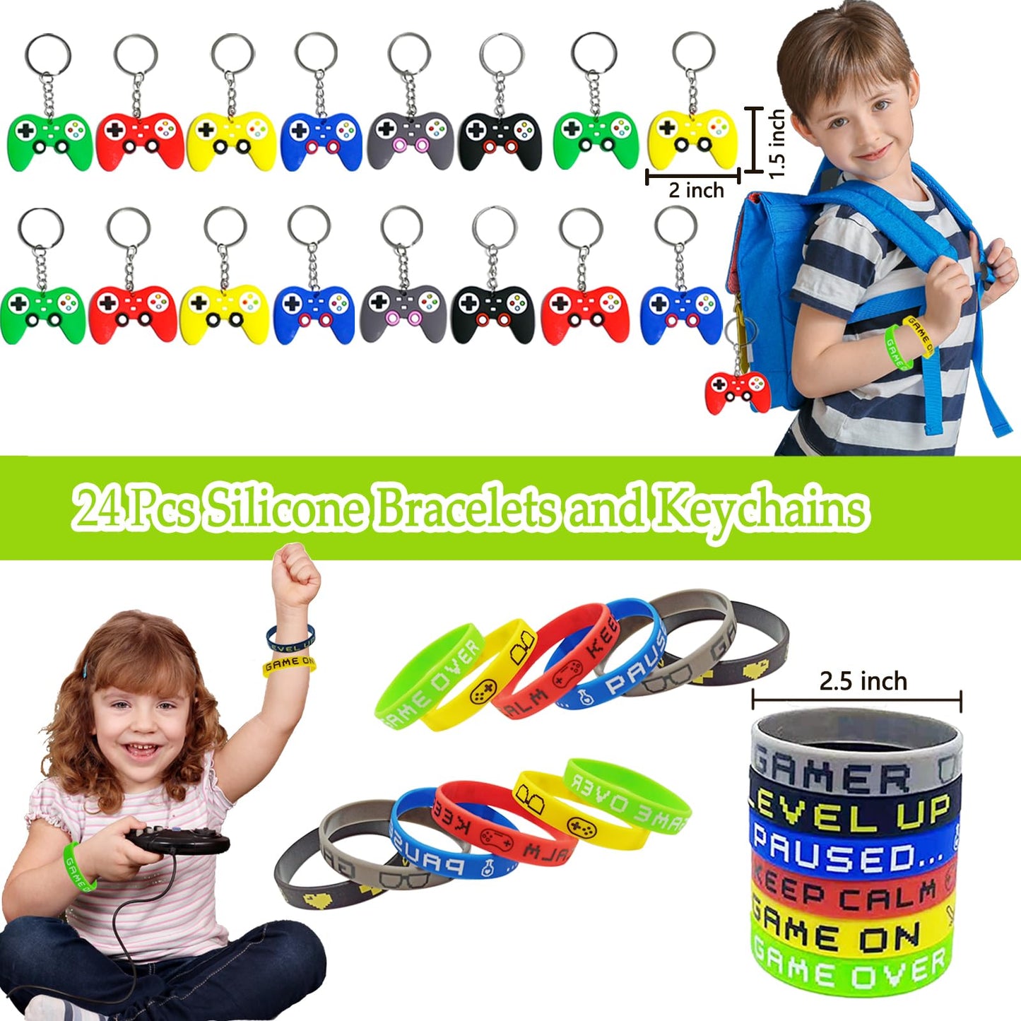 EODVICS 120 Pcs Video Game Party Favors Party Supplies Invisible Ink Pen Notebook Silicone Bracelet Gift Paper Bag Video Game Controller Keychain Birthday Supplies for Kids Gamer Party Favors