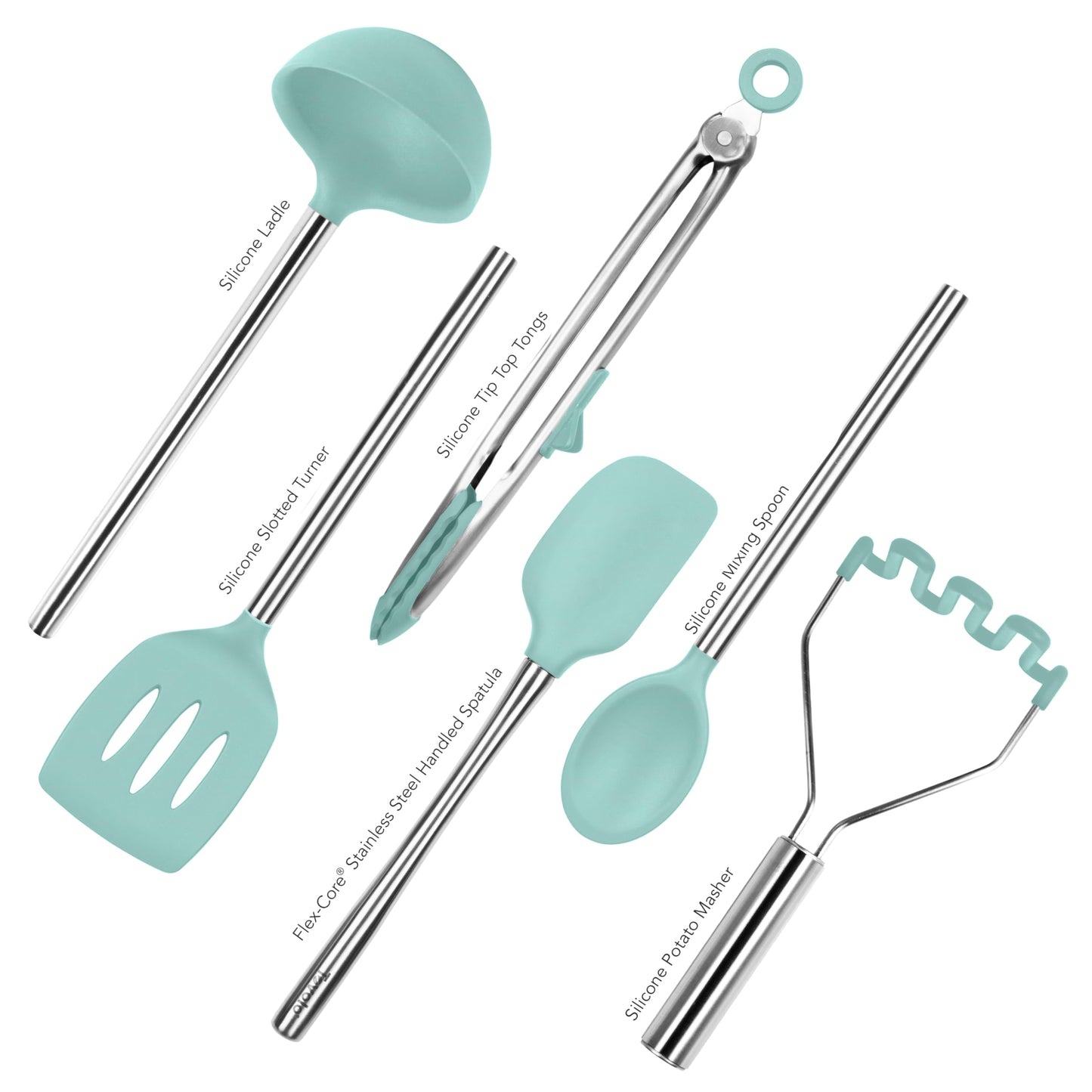 Tovolo Silicone Cooking Utensil Set of 6 Aqua Seafoam Green Ladle Slotted Turner Tongs Flex Core Spatula Scraper Mixing Spoon and Potato Masher, Dishwasher Safe Non Toxic BPA Free Kitchen Utensils