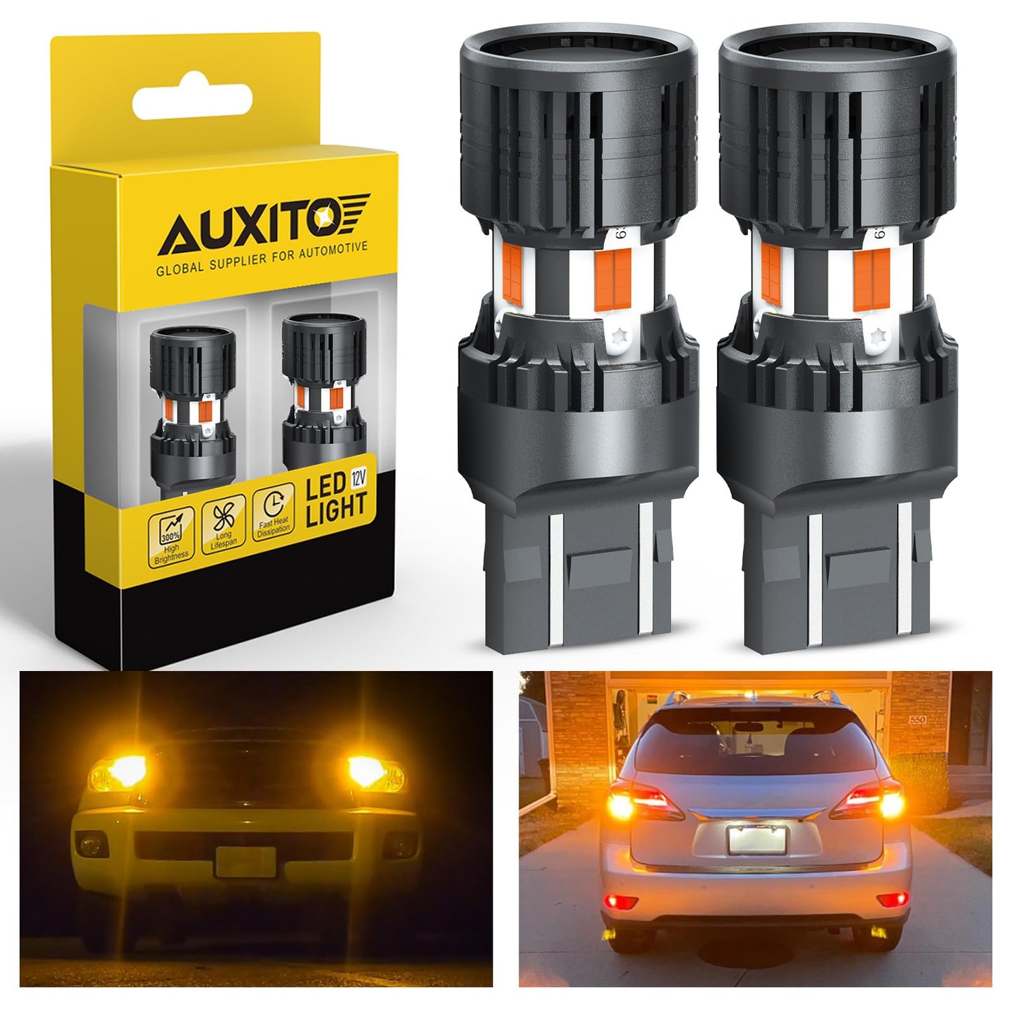 AUXITO Upgraded CANBUS 7440 7443 LED Bulbs Amber Yellow with Built-in Resistor Anti Hyper Flash 7440NA 7441 7444 7444NA W21W WY21W Error Free LED Front Rear Turn Signal Lights, Pack of 2