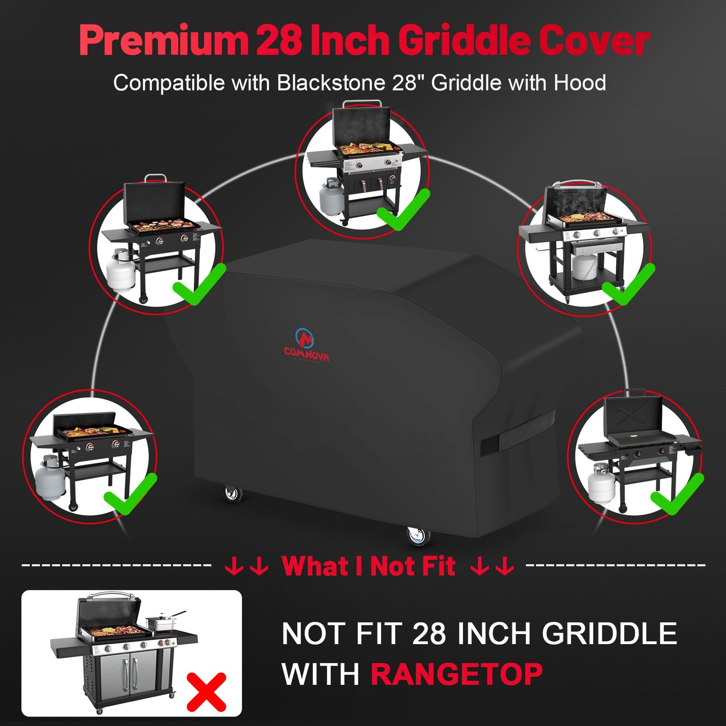 Comnova Griddle Cover for Blackstone 28 Inch Griddle with Hood - 600D Flat Top Grill Cover for Blackstone Pro Series Grill Heavy Duty Waterproof, 28 in BBQ Cover for Black Stone 1883, 1924 and More