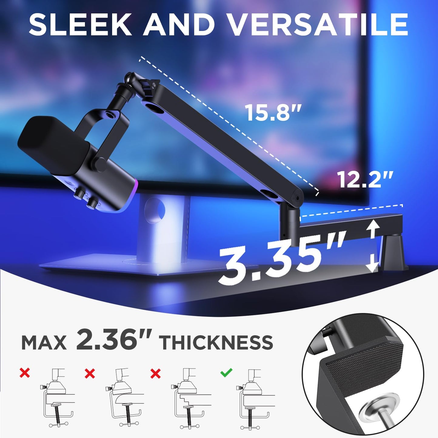 InnoGear 2026 Upgraded Microphone Boom Arm, Magnetic Cable Management Low Profile Mic Stand 360° Rotatable Desk Mount for Fifine AM8 K669B Blue Yeti HyperX QuadCast SoloCast AT2020, Black