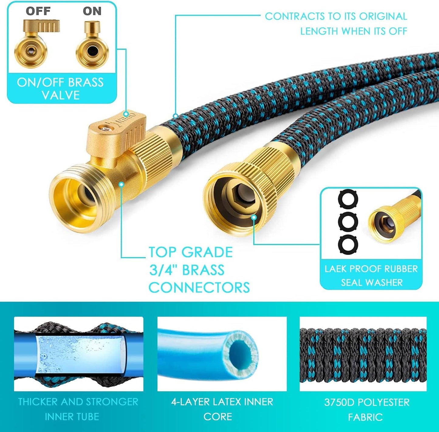 Expandable Garden Hose 50ft Water Hose - Kink Free Flexible Expending Hose 50ft with 10 Function Nozzle and 3-Layers Latex, 3/4 Solid Solid Fittings, Extra Strength Fabric Orange