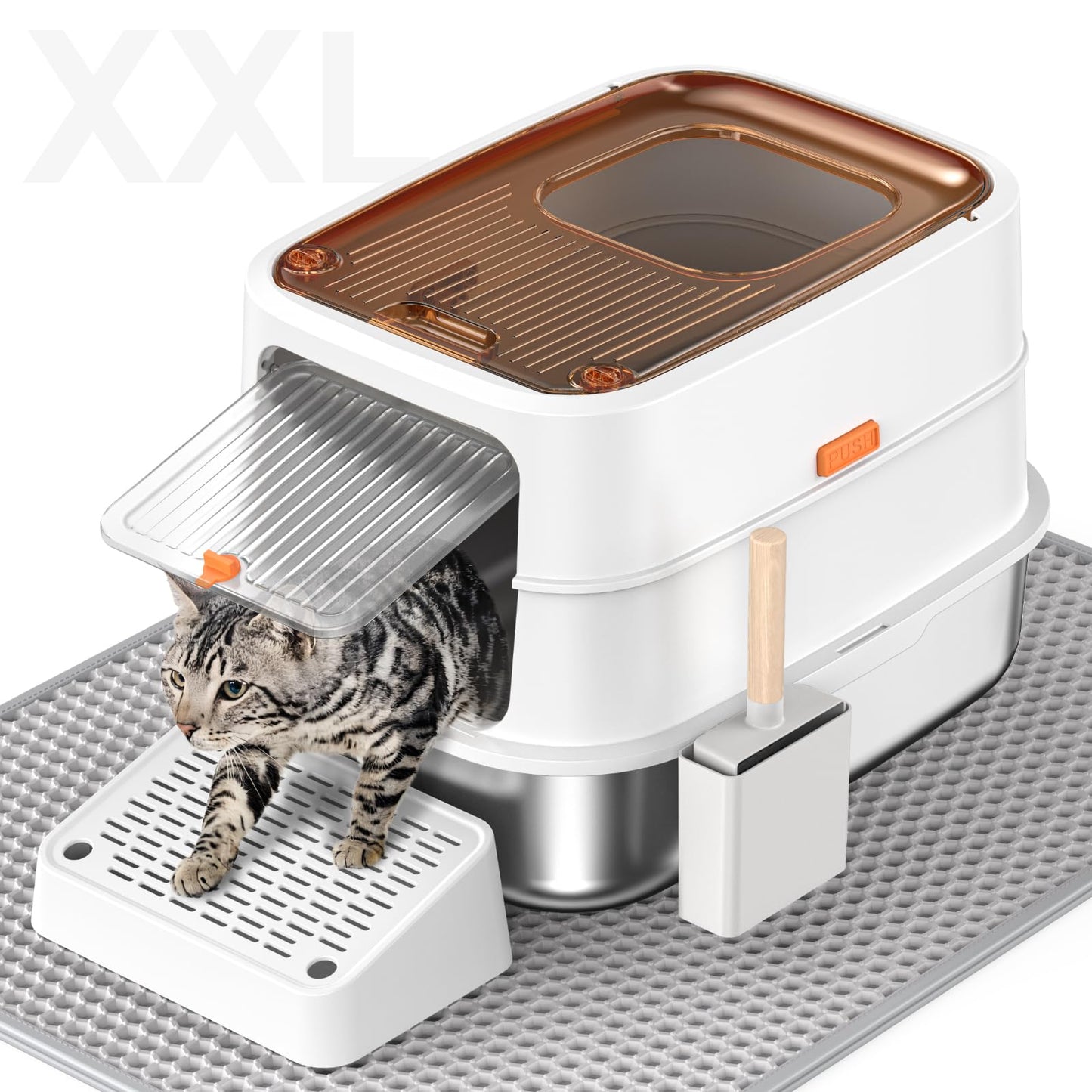 HTii-ë® Stainless Steel Cat Litter Box, Extra Large Box for Cats, Enclosed Metal Kitty Litter Box with Litter Scooper, Odor-Urine-Proof, Non-Sticky, Easy Rinse Cleaning (White)