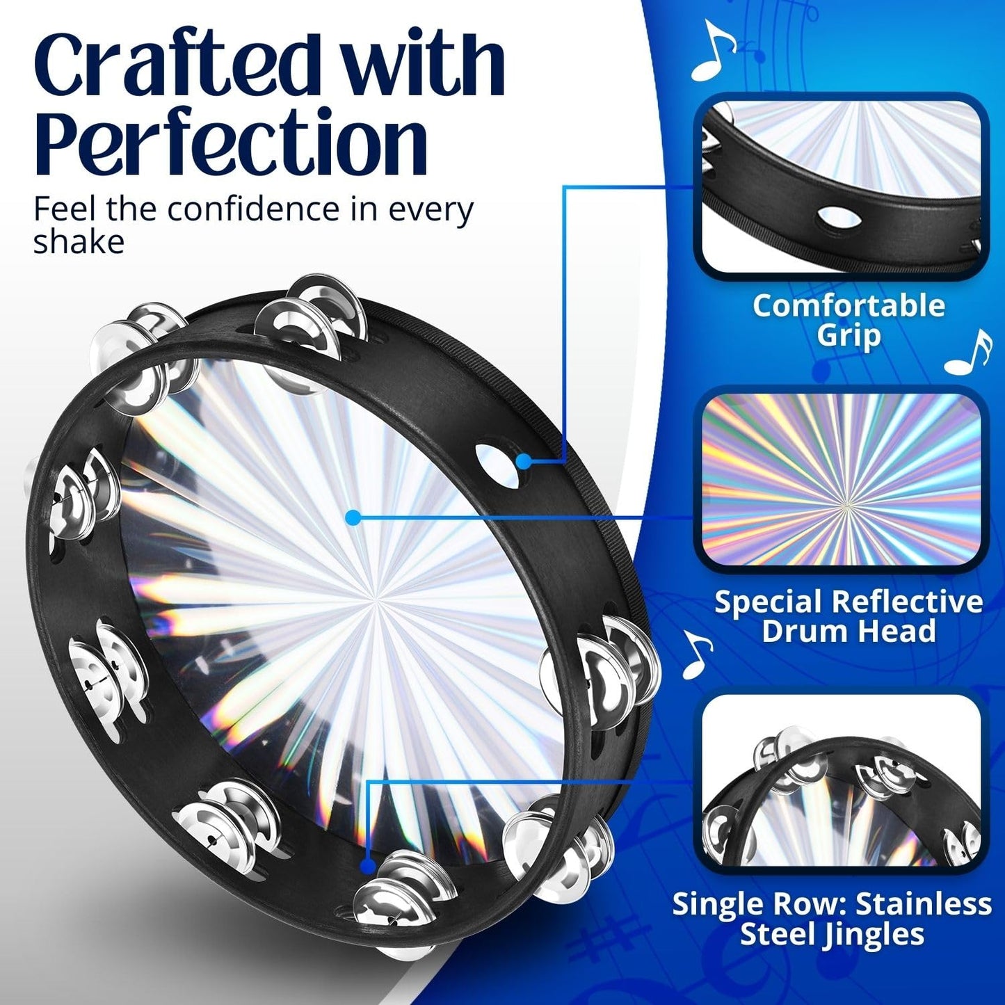 Flexzion Wood Church Tambourine - 6, 8, and 10 Inch Reflective Hand Drums for Adults, Single Row Metal Instrument for Church, Parties, & Musical Events, 3-Pack