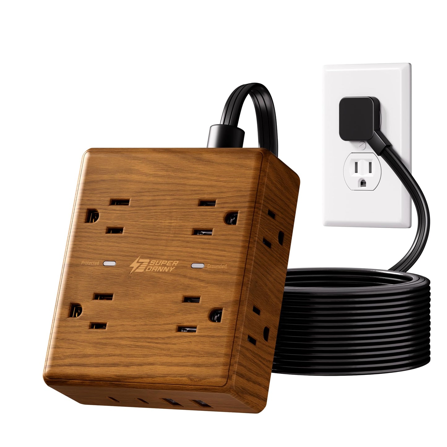 Brown Extension Cord 10Ft, Flat Plug Power Bar Surge Protector, 8 Outlets & 4 USB Ports (2 USB C), Desktop Charging Station Hidden Behind Furniture, Decorative Office Desk Accessories (Wood Grain)
