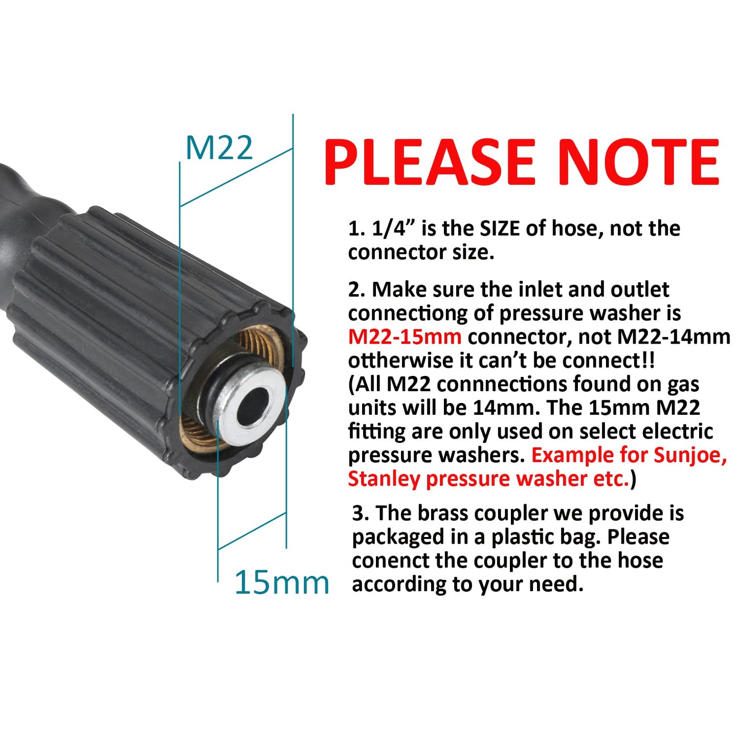 STYDDI 50FT Pressure Washer Extension Hose with Coupler for Sun Joe SPX Series, Kink Free, 2900 PSI X 1/4", Heavy Duty Steel Braided and Rubber Power Washer Hose with M22-15mm for SPX-25HD and Others