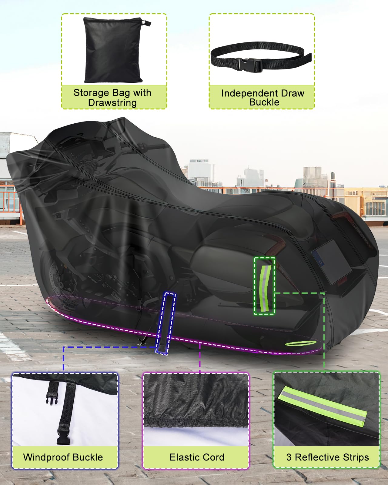 Zacro Motorcycle Cover Waterproof Outdoor,All Weather 3000M Waterproof Protection,420D Heavy Duty Material Tear Proof Sun&Moped,Cover with Reflective Strips,Lock-Hole,Storage Bag,Fits up to 96.5"