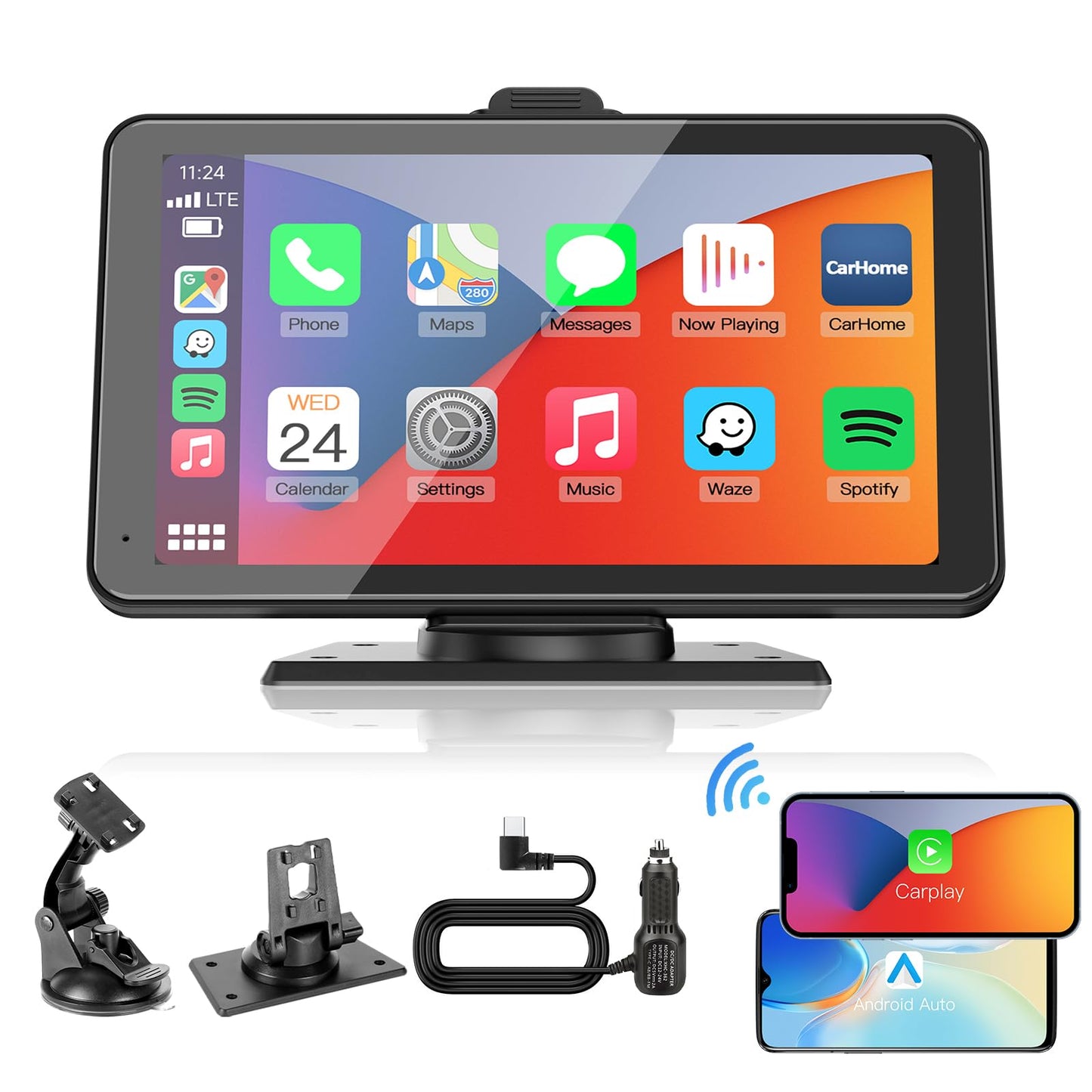 2024 Texpot Car Stereo With Apple CarPlay Android Auto, 7" HD Touchscreen Wireless CarPlay Screen, Bluetooth WiFi, Portable Car Radio, Live Navigation, Mirror Link, AUX/FM, Voice Control