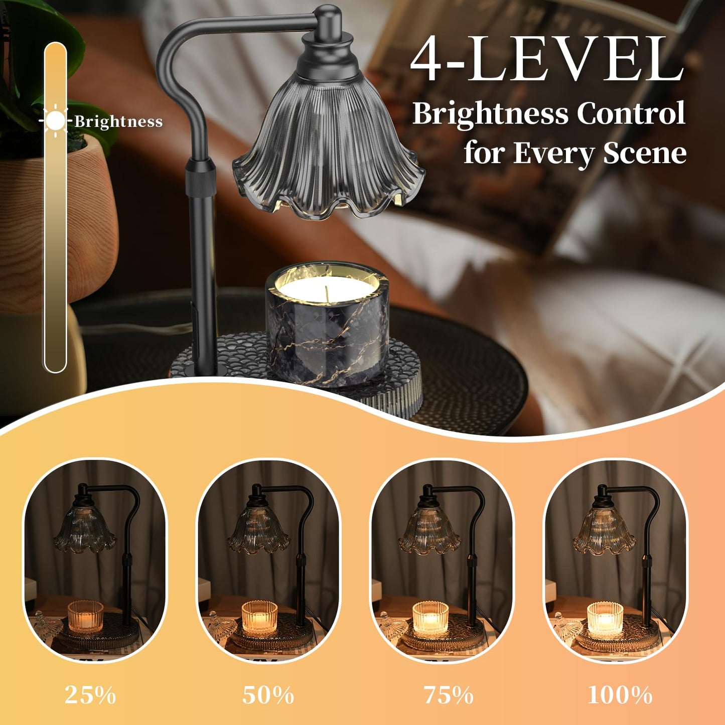 Candle Warmer Lamp with Adjustable Height - Flameless 4-Level Dimmable Wax Warmer, Timer Function & Stylish Design in Multiple Colors （Black