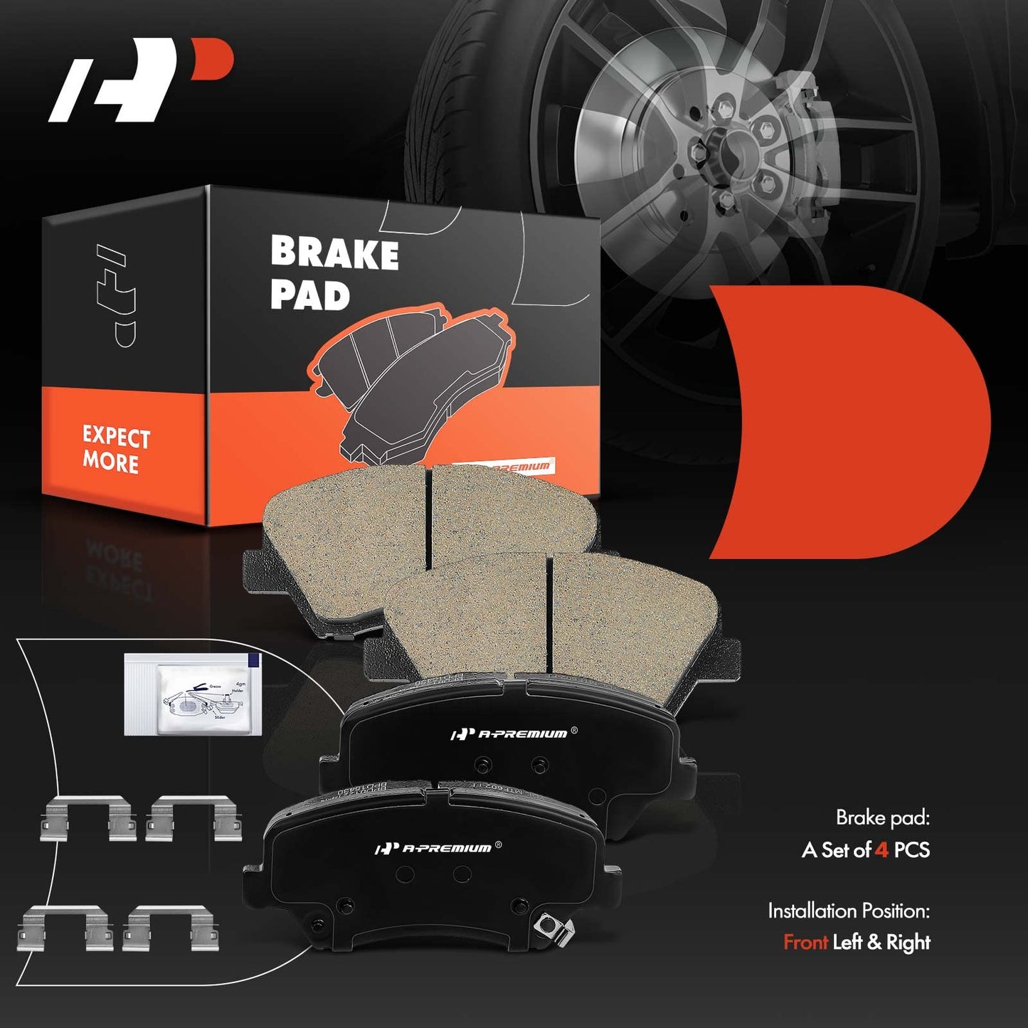 A-Premium Front Ceramic Disc Brake Pads Set Compatible with Select Hyundai and Kia Models - Elantra 2011-2016, Elantra Coupe, Elantra GT, for Veloster, Forte, Forte Koup, Forte5, with Hardware, 4 Pcs