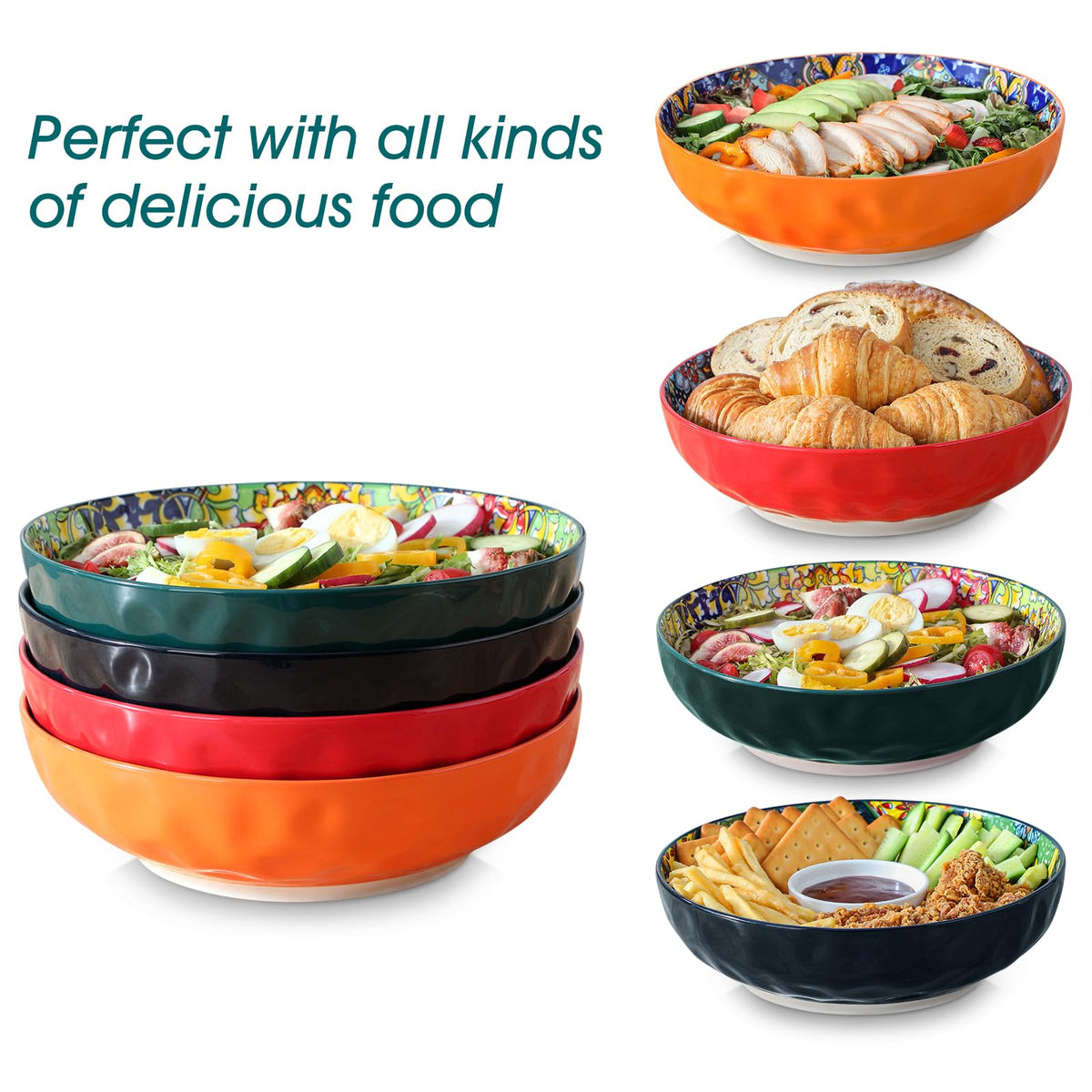 vancasso Large Serving Bowls, 78 Oz Extra Large Salad Bowls Set of 2, Bohemian Decorative Bowls for Salad, Fruit, Pasta and Dinner, Serving Dishes Set for Party, Dishwasher & Microwave Safe－Green