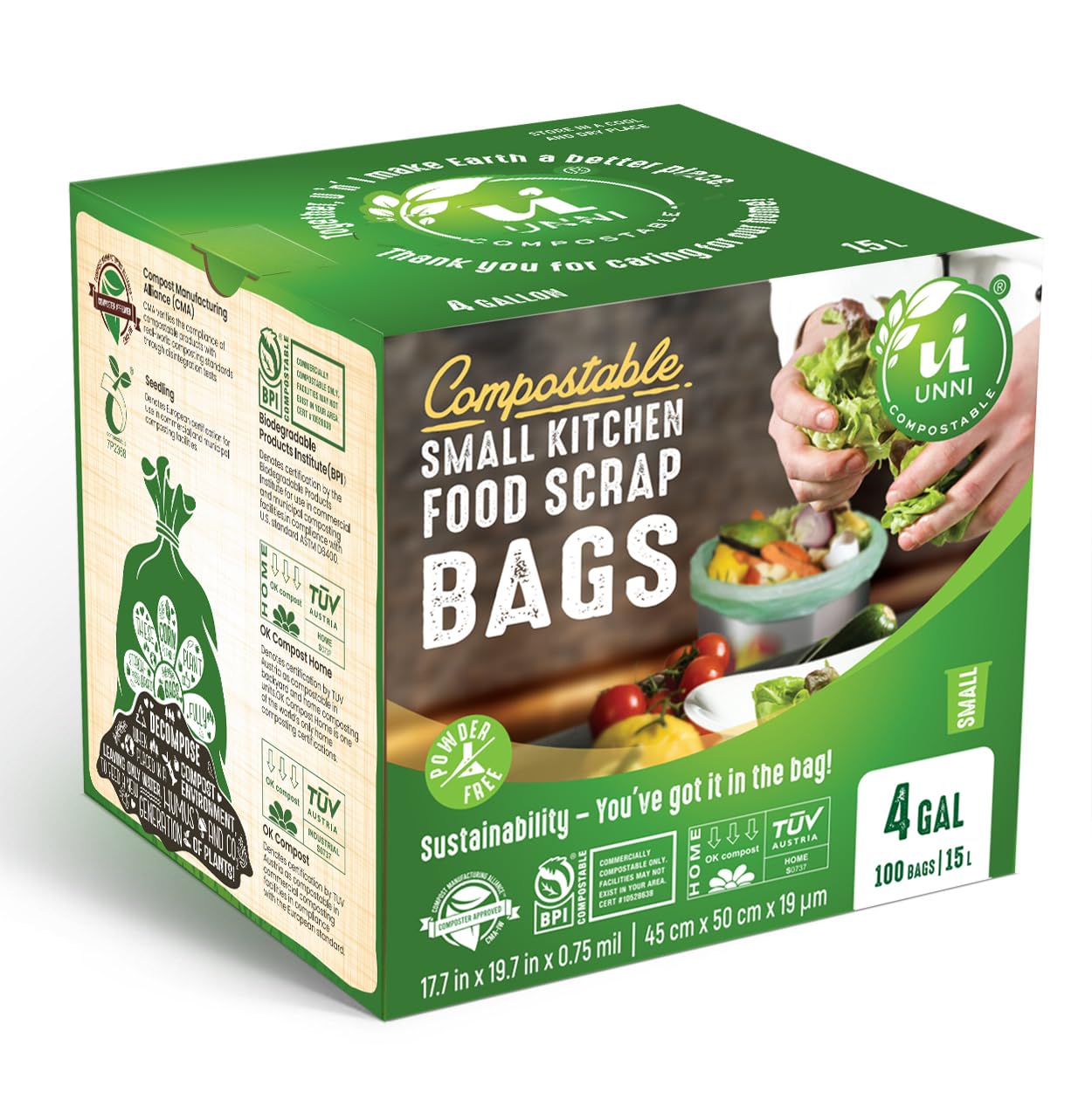 UNNI Compostable Trash Bags, 4 Gallon / 15 Liter, 200 Count, Extra Thick 0.75 mil Small Kitchen Food Scrap Bin Liners, BPI, CMA & OK compost HOME Certified (Meets ASTM D6400)