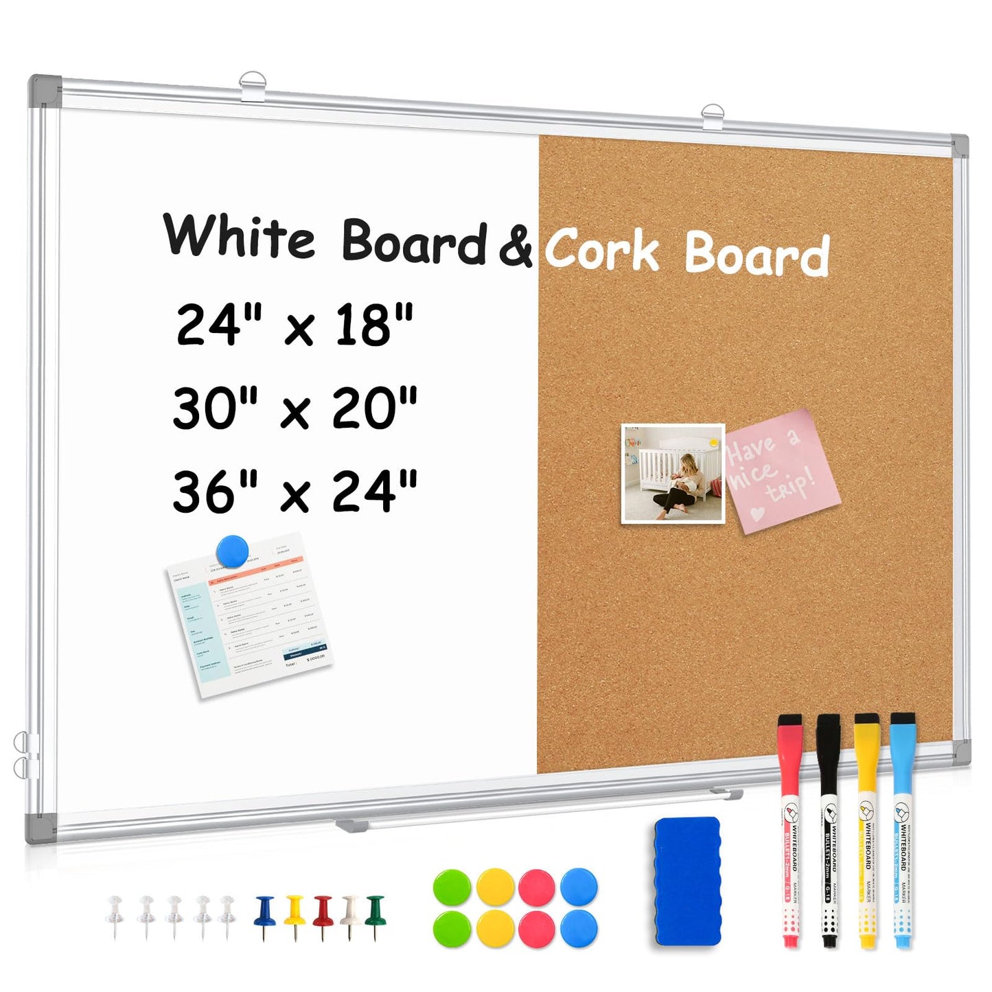 AMUSIGHT Double-Sided Combination Magnetic White Board & Cork Board, 36" x 24" Dry Erase Board & Cork Board Combo for Wall, Hanging Whiteboard for Planning, Kitchen, Memo, School, Home, Office