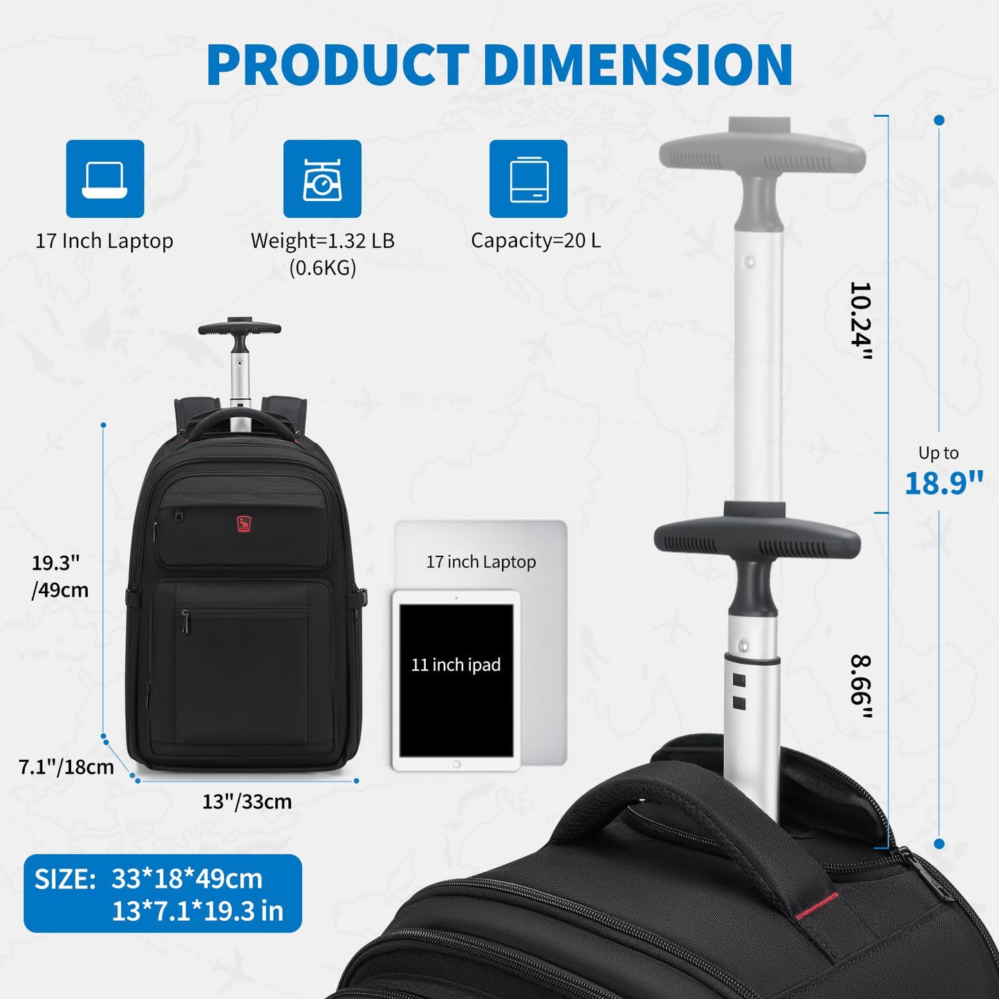 OIWAS Rolling Backpack, Travel Backpack with Wheels, 17 Inch Laptop Roller Backpack, Business Wheeled Backpack for Women Men