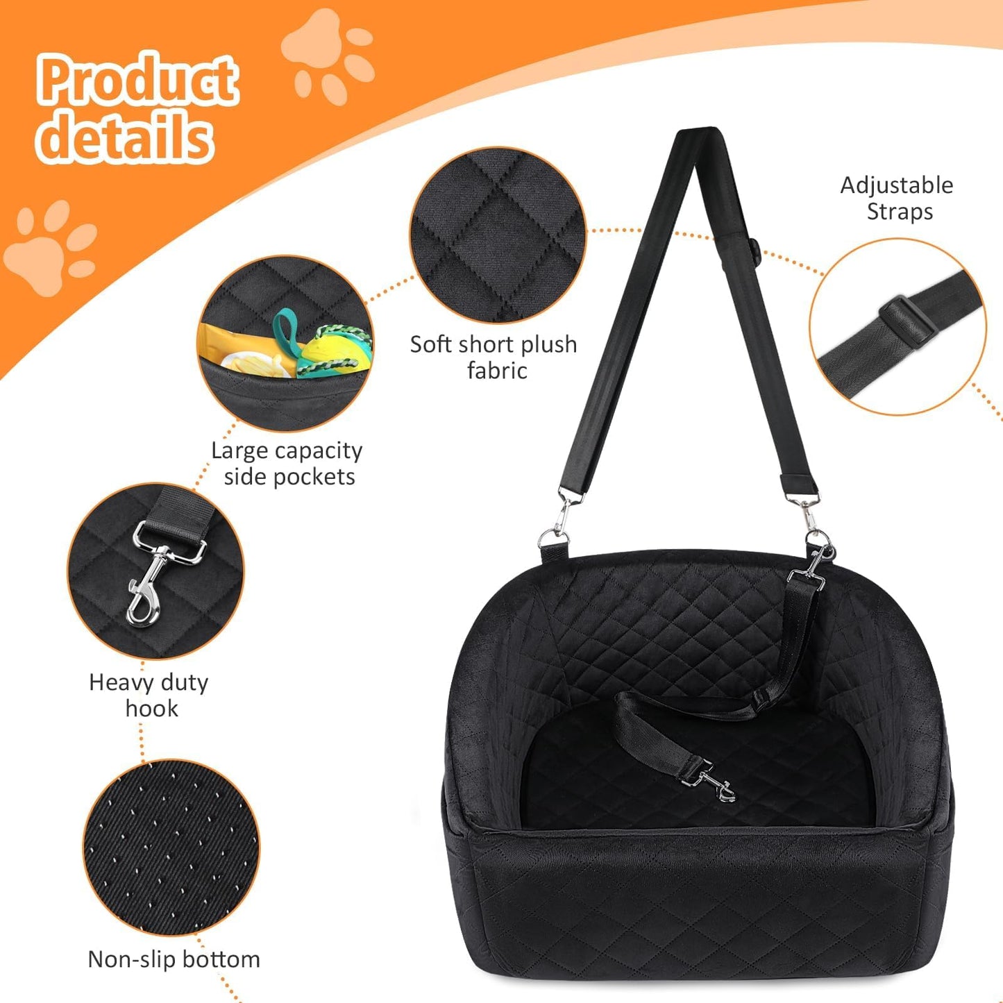 Dog Car Seat for Small Medium Dogs,Detachable Washable Dog Booster Seat Under 35lbs, Pet Car Seat Travel Bed with Storage Pockets and Dog Safety Belt (Black)
