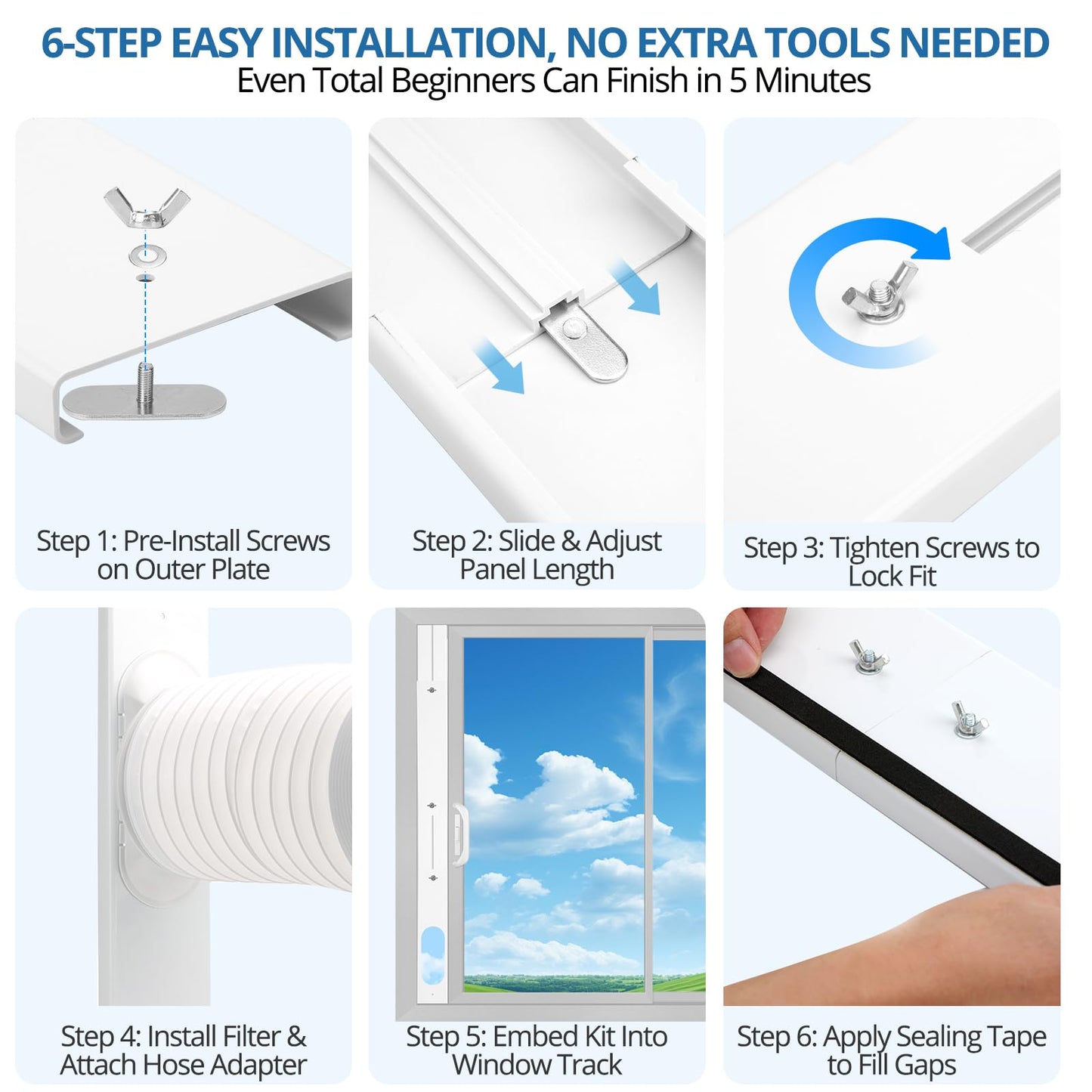 CRZFRI Portable AC Window Vent Kit, Universal Portable Air Conditioner Window Kit with 5.9x78.7 inch Anti-Clockwise Exhaust Hose, 3.9" W Adjustable Window Seal for Sliding Windows