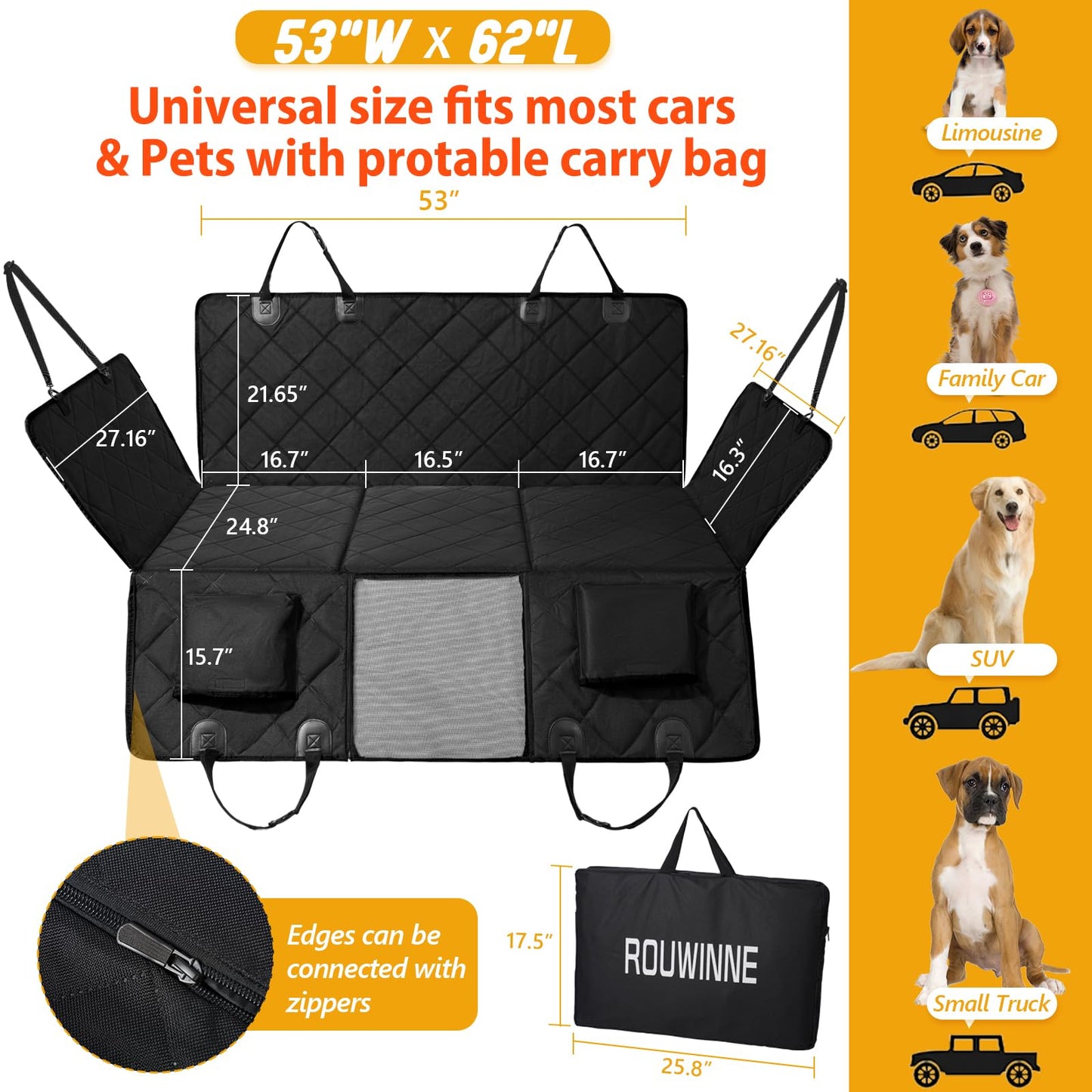 ROUWINNE Back Seat Extender for Dogs-Large Space, Dog Car Seat Cover Hard Bottom Holds 400lbs, Sturdy Backseat Extender for Dogs, Waterproof Dog Hammock for Car Dog Car Bed for Car, SUV, Truck Black