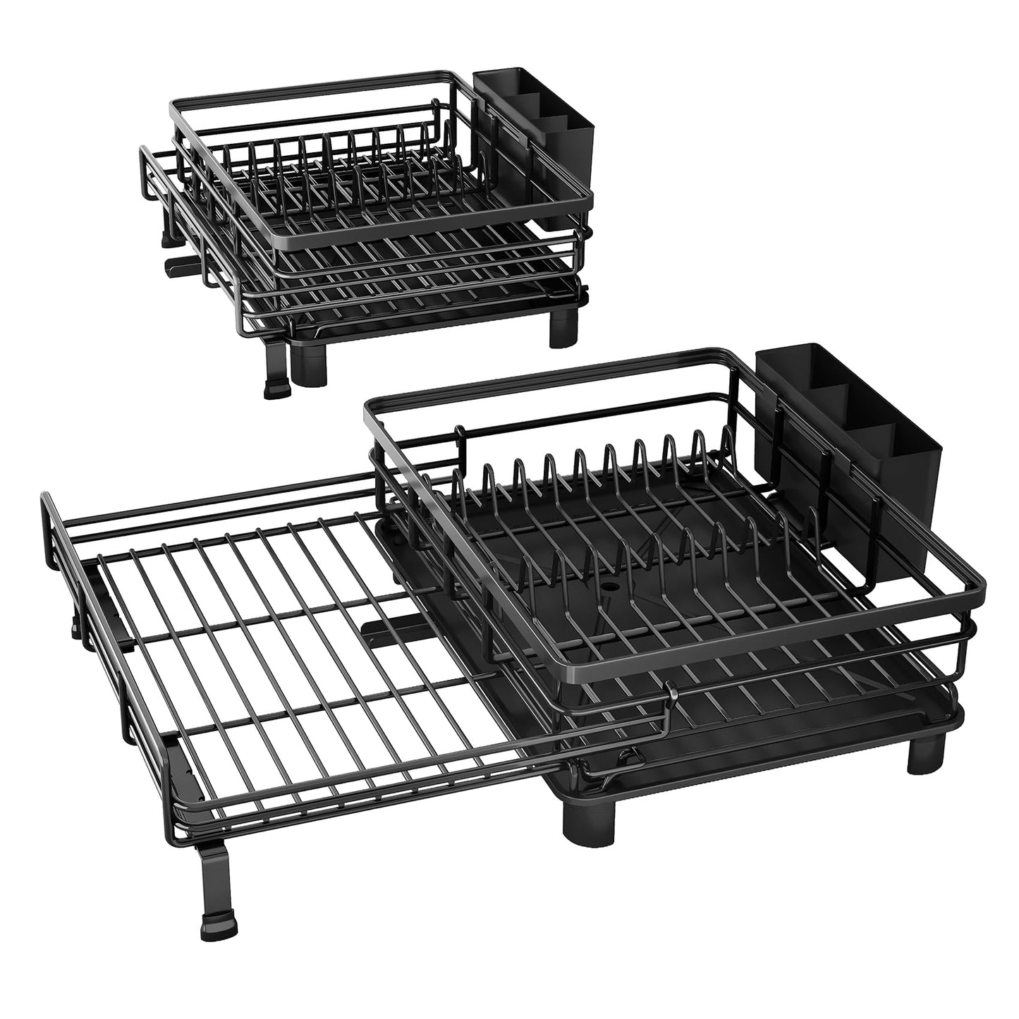 Dish Rack - Extendable Dish Rack, Large Sink Drying Rack for Countertop, Stainless Steel Dish Strainer with Utensil Holder (Black)
