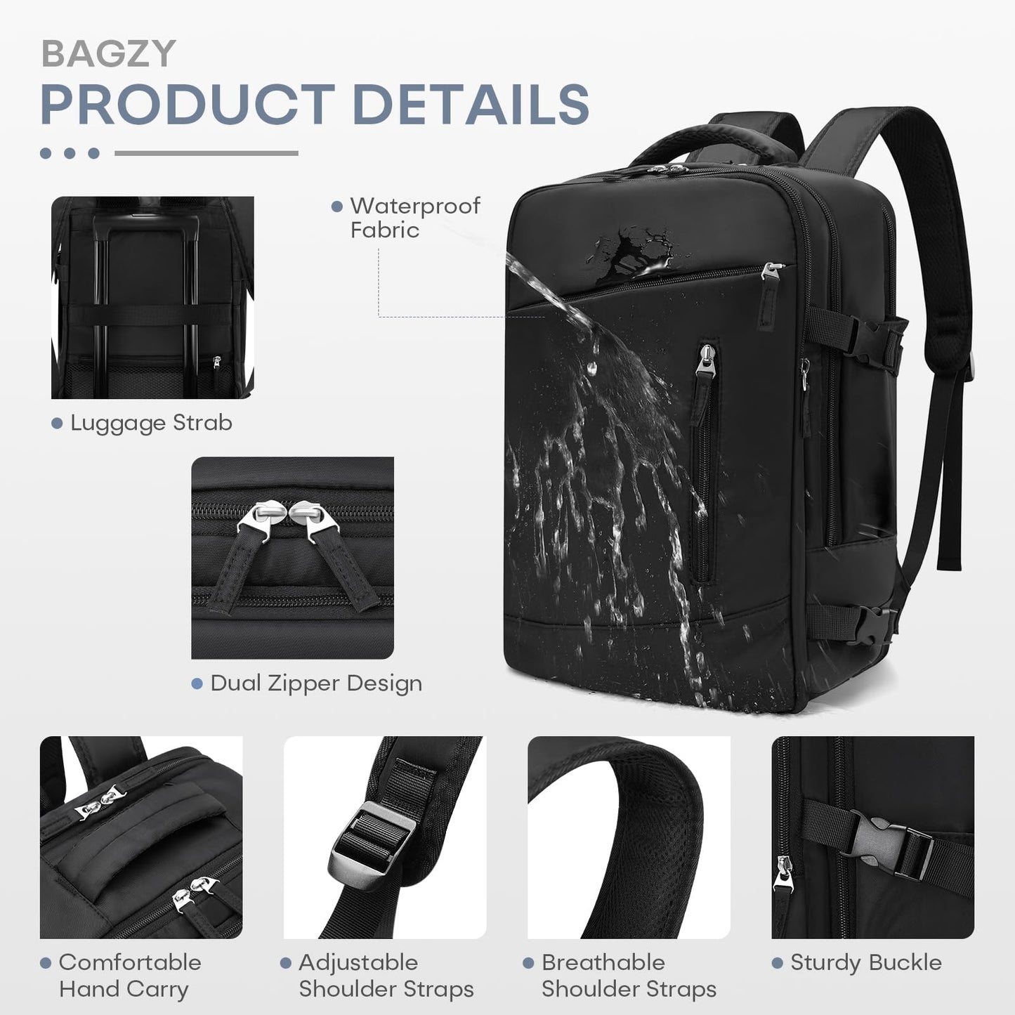 BAGZY 6x13x17 inch Personal Item Bag Carry On Luggage for Airplanes Waterproof Underseat Travel Laptop Backpack with Shoe Compartment Flight Approved for Work,Travel,Weekend Black