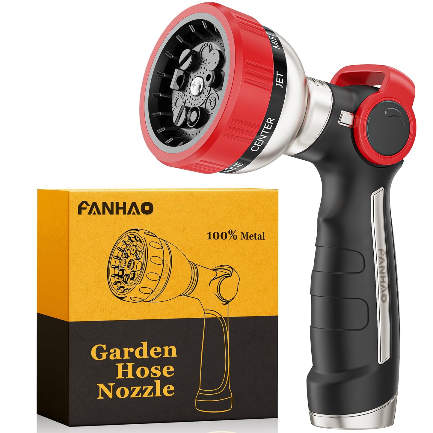 FANHAO Heavy Duty Garden Hose Nozzle, 100% Metal Water Hose Sprayer with 9 Spray Patterns, Thumb Control, On Off Valve, High Pressure Water Nozzle for Lawn/Garden Watering, Car & Pets Washing