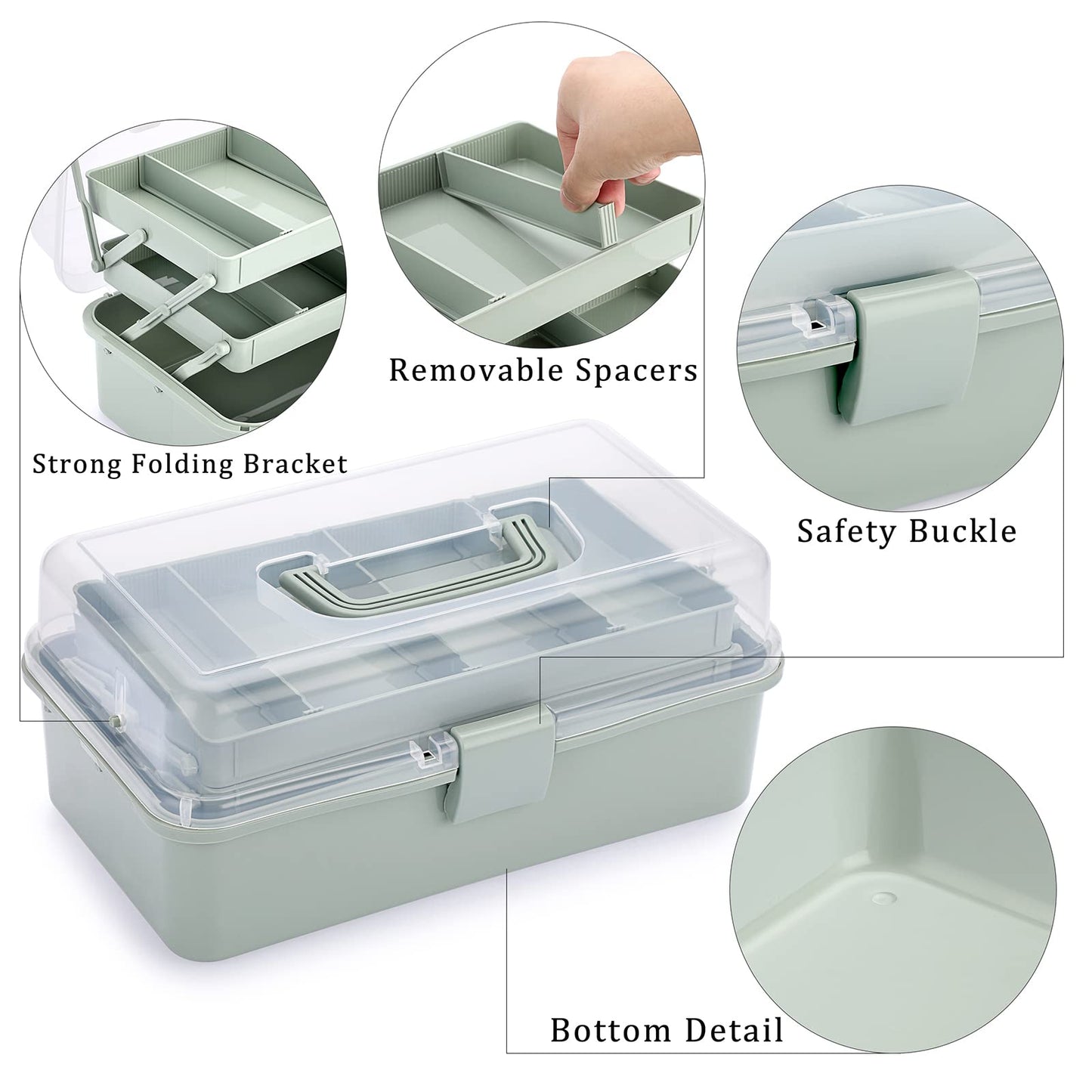 JuxYes Three Layer Multipurpose Storage Box, 3-Layer Art Craft Storage Container Clear Plastic Folding Tool Box Art Crafts Case Sewing Supplies Organizer with 2 Tray, Green