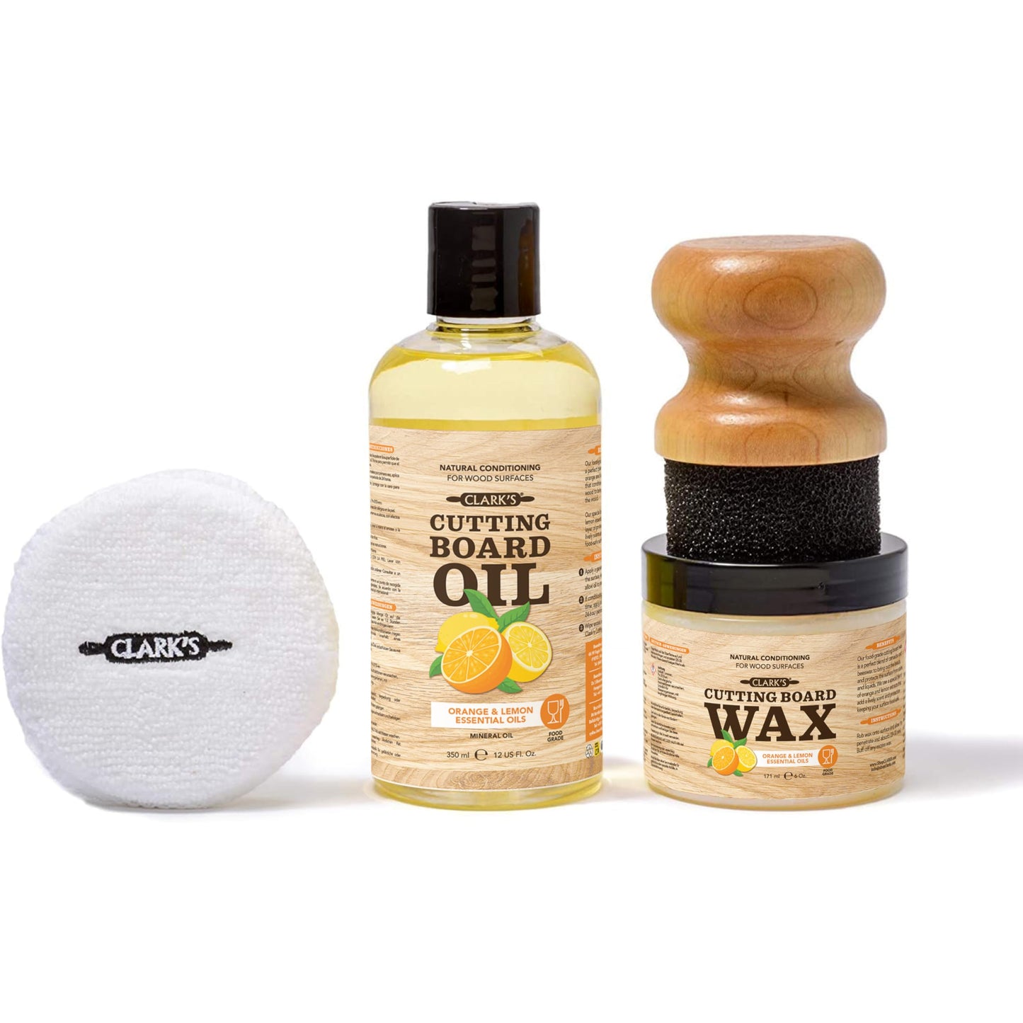 CLARK'S Cutting Board Finishing Kit - Includes Food Grade Mineral Oil (12 oz) - Cutting Board Wax (6oz) - Applicator and Buffing Pad - Orange-Lemon Scented - Butcher Block Oil Included
