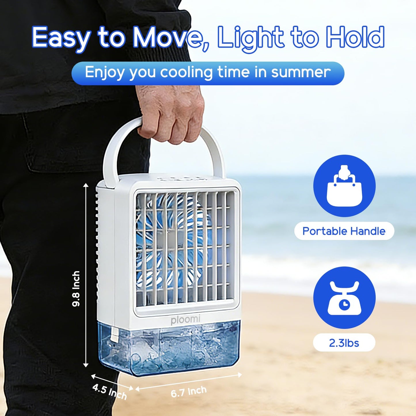 Ploomi Evaporative Air Cooler Fan, 4-in-1 Portable Personal Mini AC with Humidifier & 7 Color LED Night Light, 3 Speeds & 3 Mist Modes, USB Powered, for Bedroom Office Desk Camping Tent