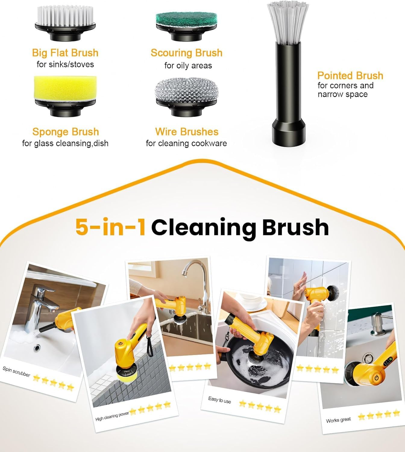 Qimedo Electric Spin Scrubber, 5000mAh Power Handheld Scrubber with 2 Replaceable Batteries & 5 Heads, Household Cordless Cleaning Brush with Display for Kitchen, Sink, Dish, Window & Grout