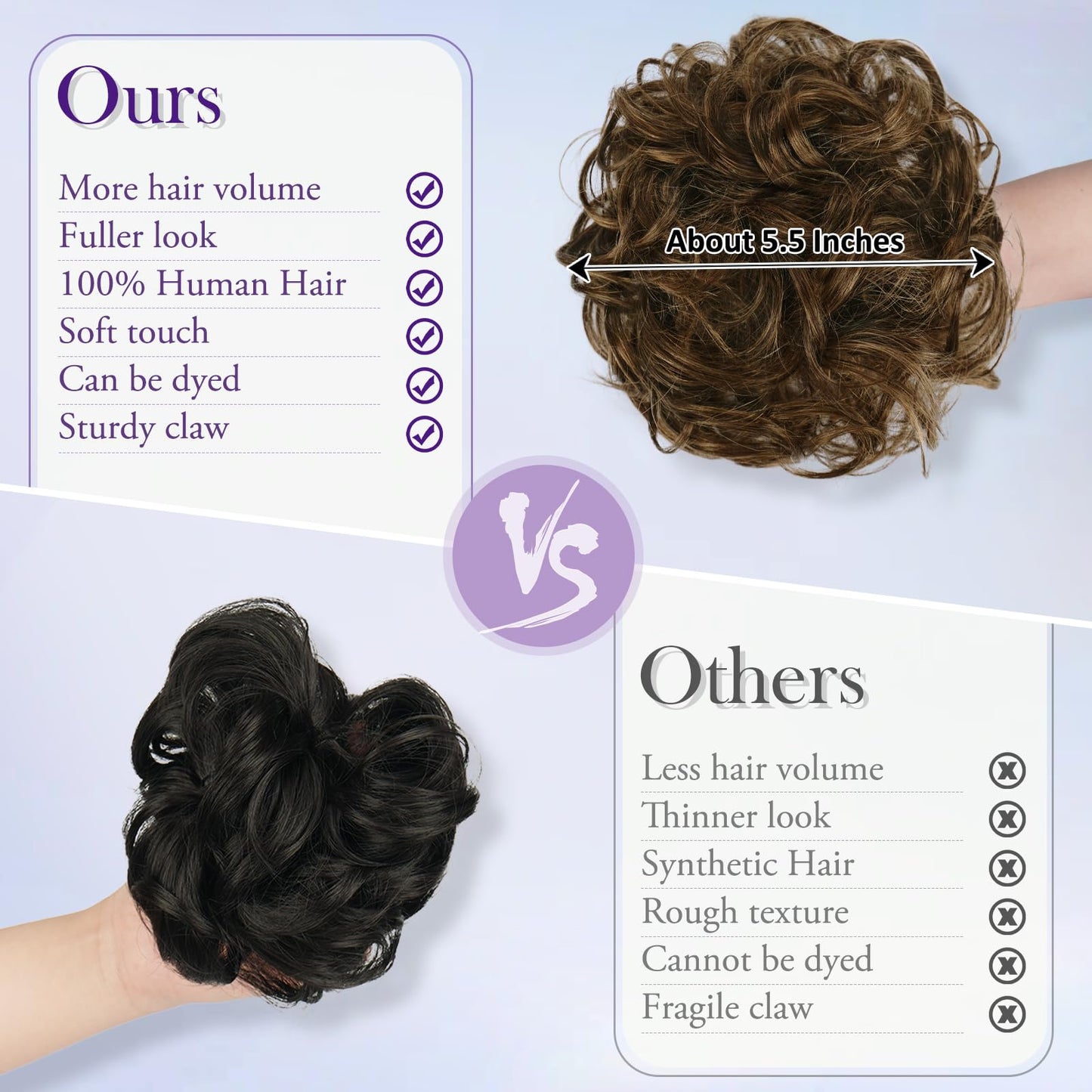 RUWISS Claw Clip Messy Bun Hair Piece Large Real Human Hair Bun Wavy Curly Chignon Hair Bun Extensions Tousled Updo Hair Pieces for Women Claw Clip Ponytail Hair Scrunchies for Women, Brown Mixed